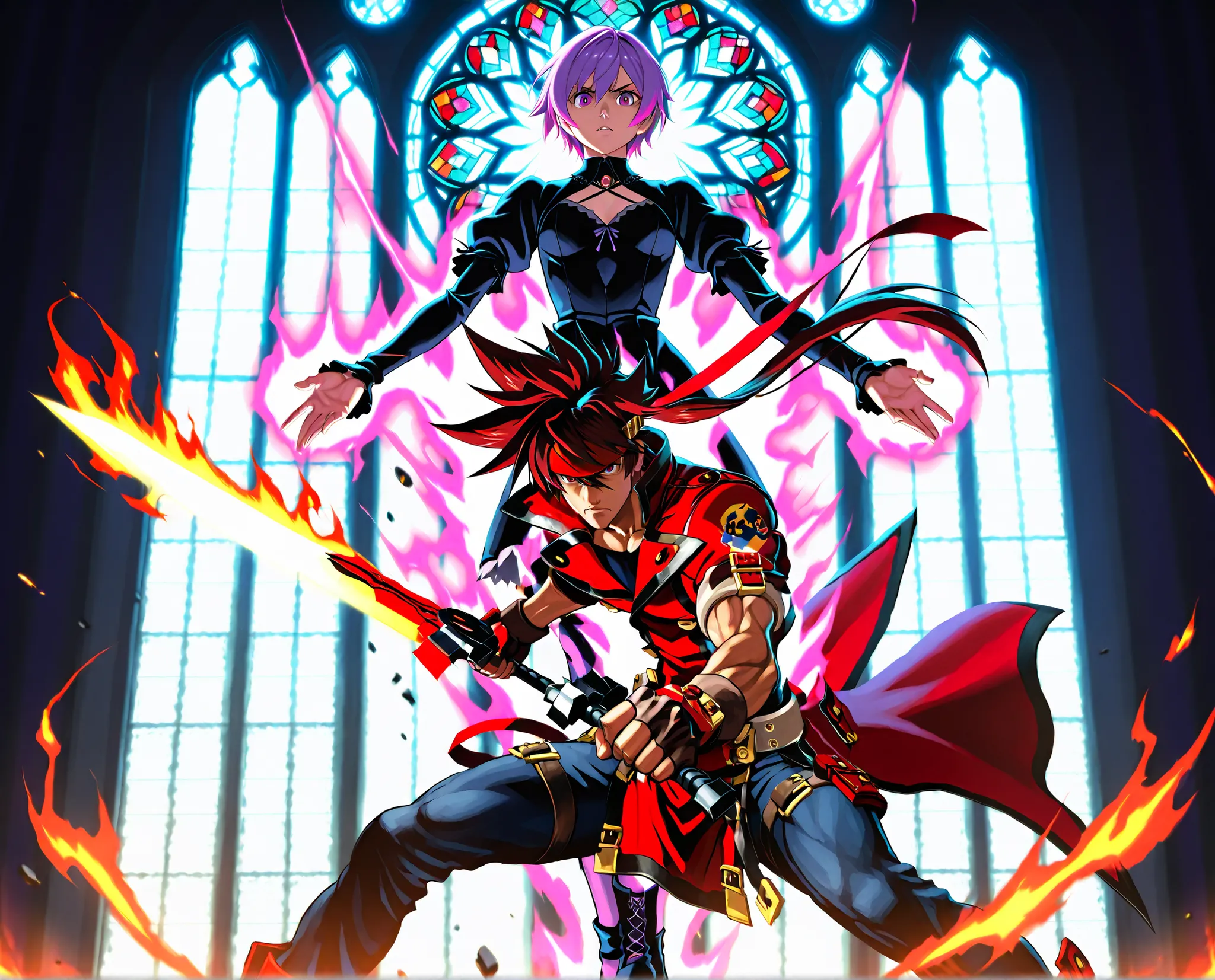 Epic anime-style battle inside a gothic cathedral with shattered stained glass windows. Sol Badguy is on the left, wielding his fire sword in a dramatic pose, flames and energy bursting from his blade. His red coat and headband are flowing, with exaggerat...