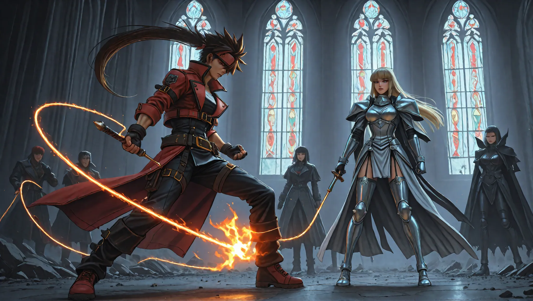 A dramatic battle inside an ancient, ruined gothic cathedral. Nebur Belmont, a rugged vampire hunter with a leather coat, silver armor pieces, and a glowing enchanted whip, stands firmly on the right. His hair is long and dark, eyes focused, radiating dete...