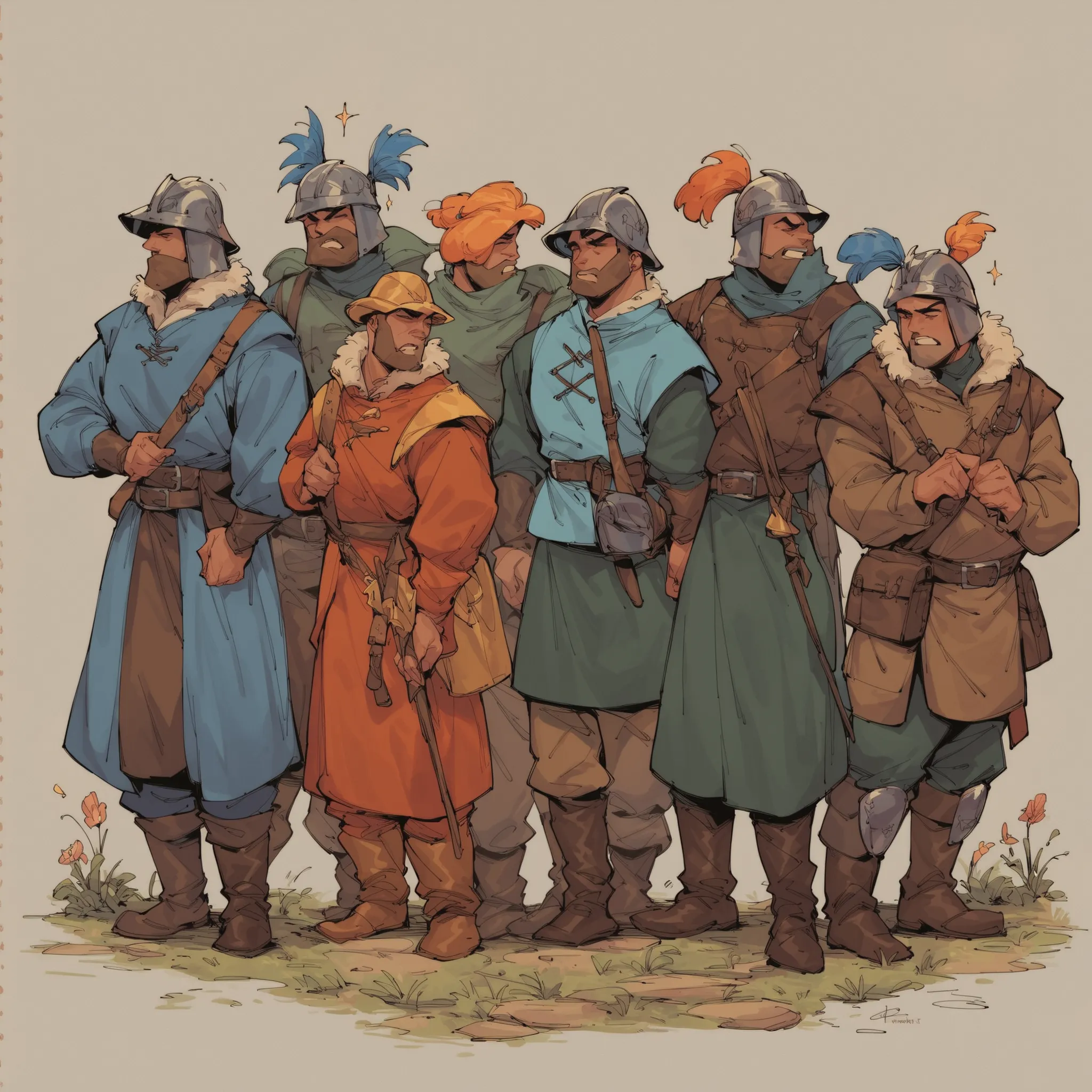 source_anime, score_9, score_8_up, score_7_up, score_6_up,art style, 8man, masculine, a group of adventures party, medieval western fantasy, adventure gear, wearing variant armor, helmet 