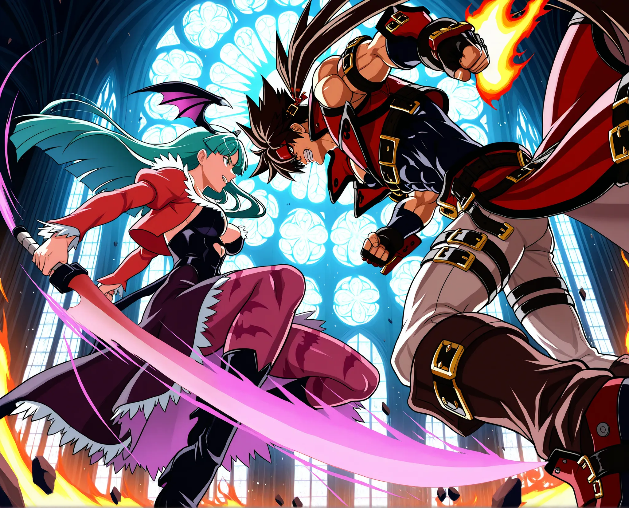 Epic anime-style battle inside a gothic cathedral with shattered stained glass windows. Sol Badguy is on the left, wielding his fire sword in a dramatic pose, flames and energy bursting from his blade. His red coat and headband are flowing, with exaggerat...