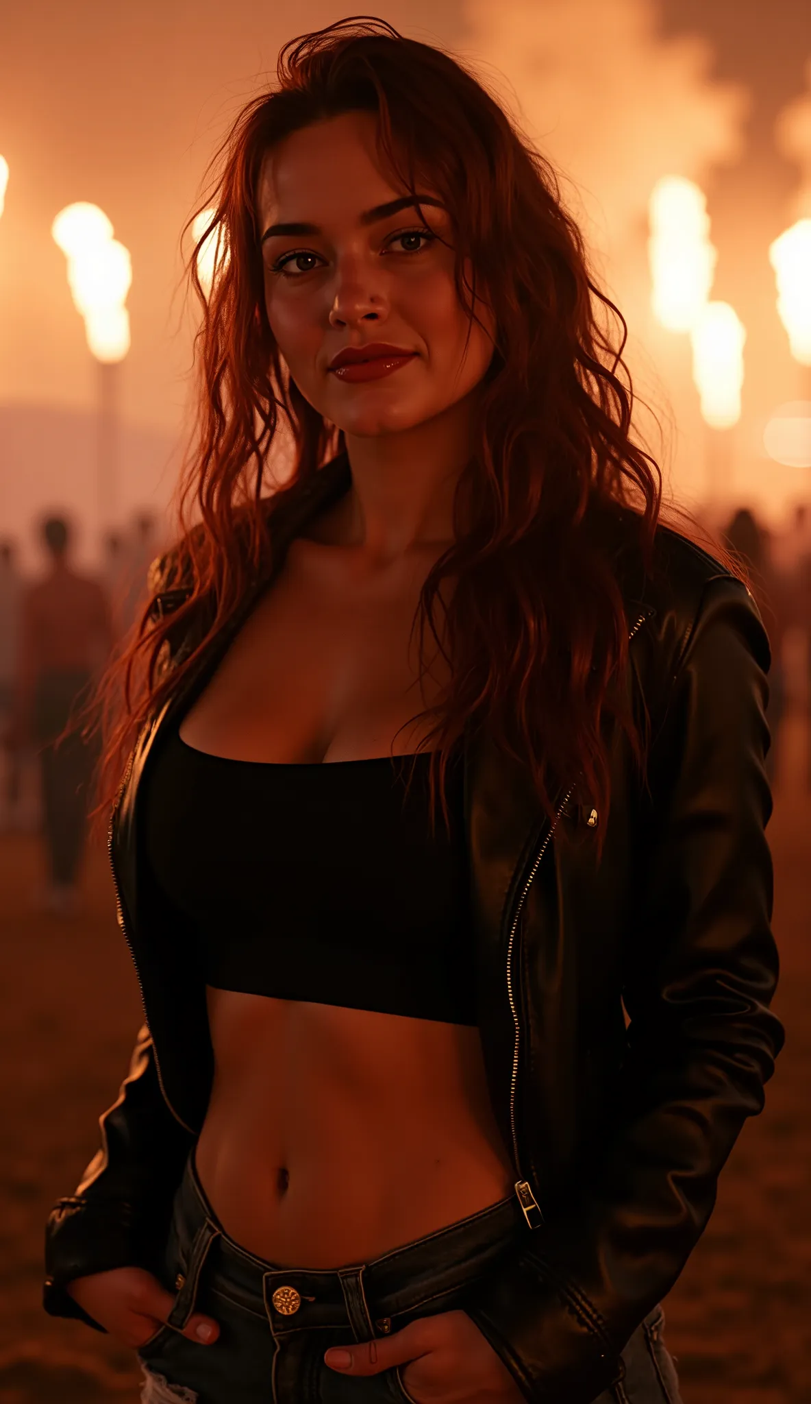 Ultra-realistic portrait of a breathtaking woman at Wacken Open Air, (masterpiece, best quality, 8K, ultra-detailed, cinematic lighting, photorealistic), curvy hourglass figure with wide hips and voluptuous breasts, wearing a black leather jacket (aged tex...