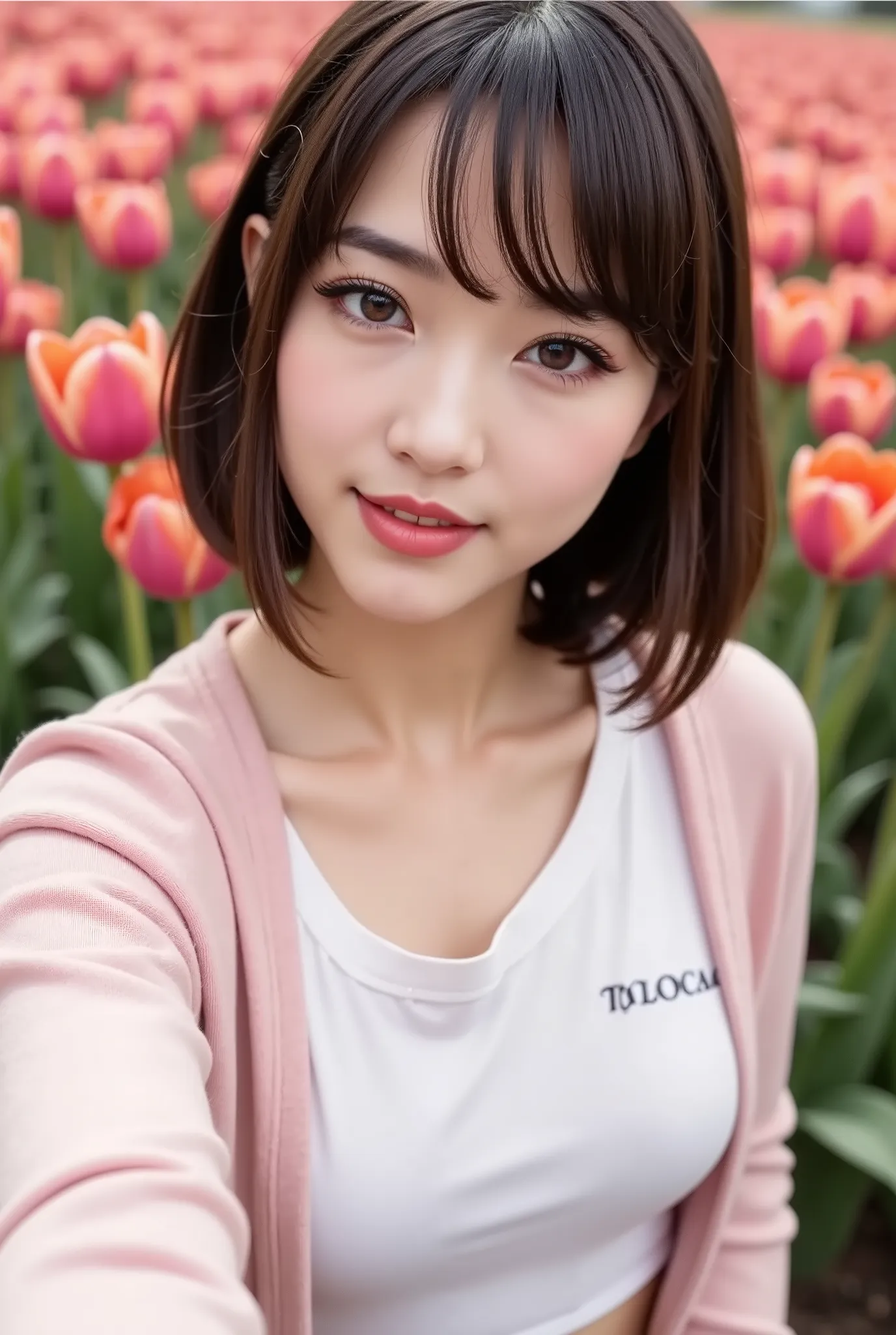 realistic,real,high image quality,8k,1 adult woman,7,Botanical Gardens during the day,Tulips all around,Colorful tulips,Close up,selfie,Selfie with tulips,((short short hair)),( has bangs),((Sharp slanted eyes)),Foxy face,((thick and long eyelashes)),both ...
