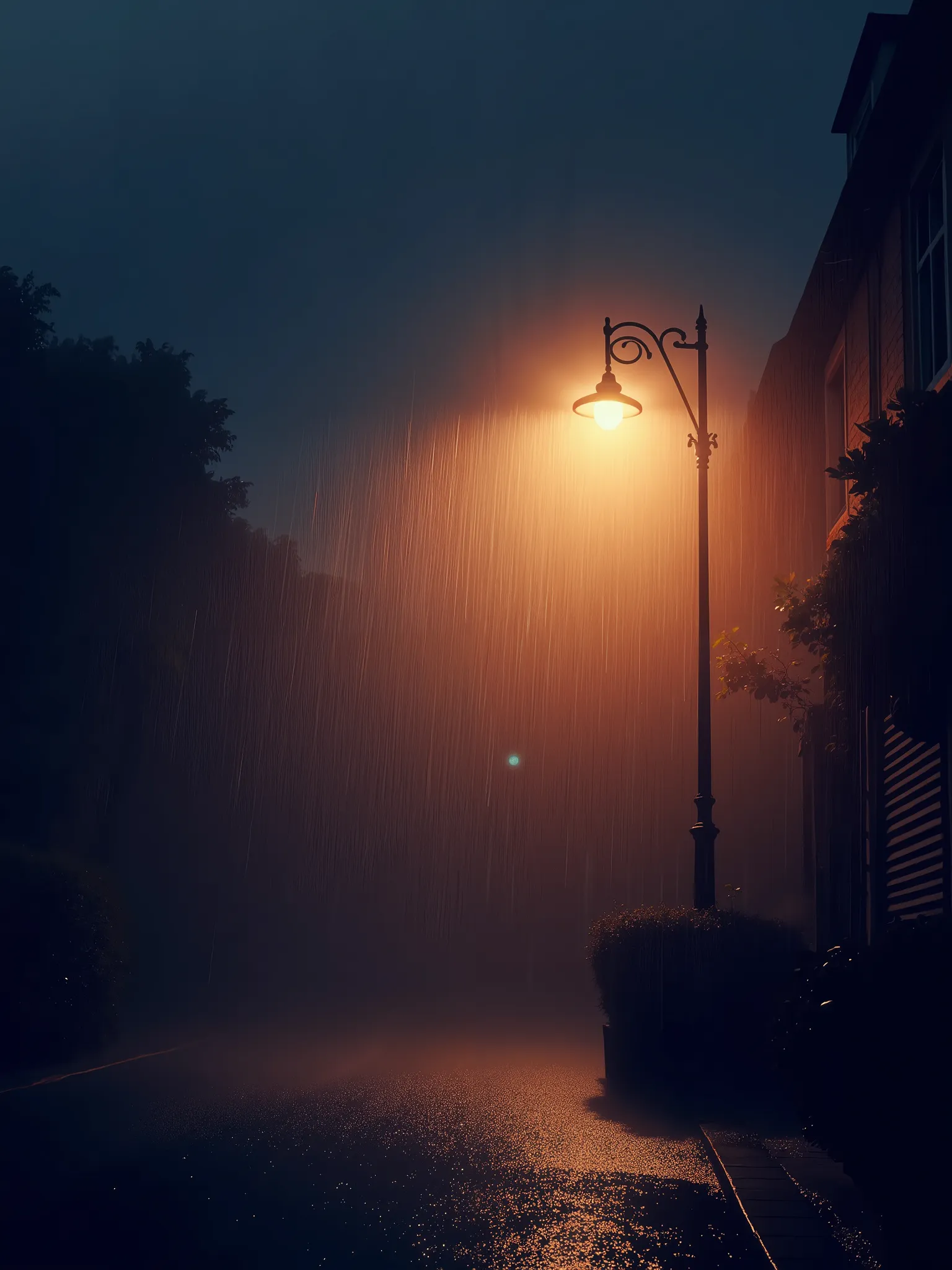 dark night, deep and dark Strong rain falling against a colored sky. rain falls tightly in an oblique line like a thin line, and, It expresses the direction and speed of rain. An old classic-style street lamp stands on the right side of the screen., emits ...