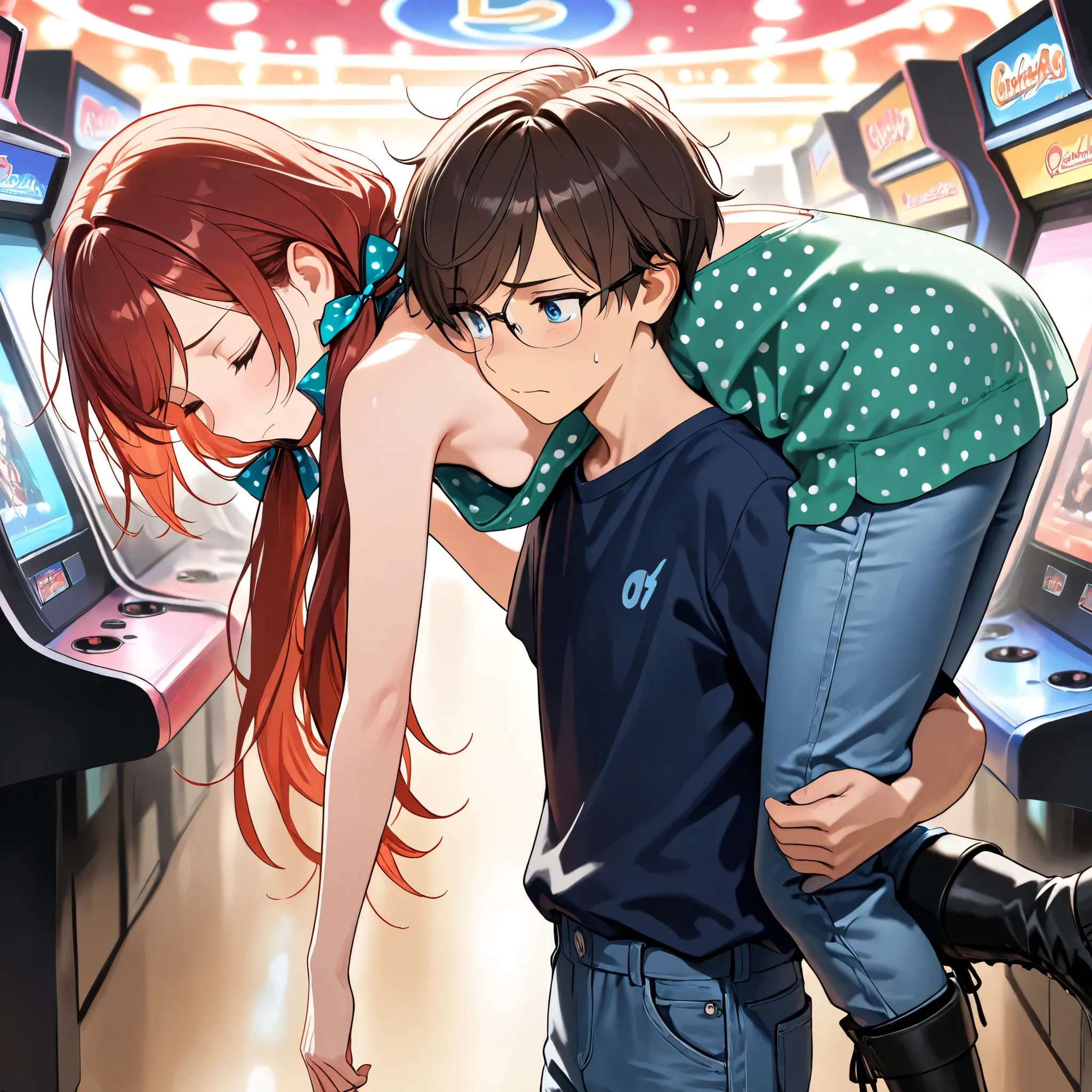 (masterpiece:1.2, Best Quality), (finely detailed beautiful eye: 1.2), (beautiful detailed face), from side, 1boy, 1girl,carrying, carrying over shoulder, shoulder carry, ots carry, character: small boy,nervous, green hoodie, trousers, short hair, brown h...