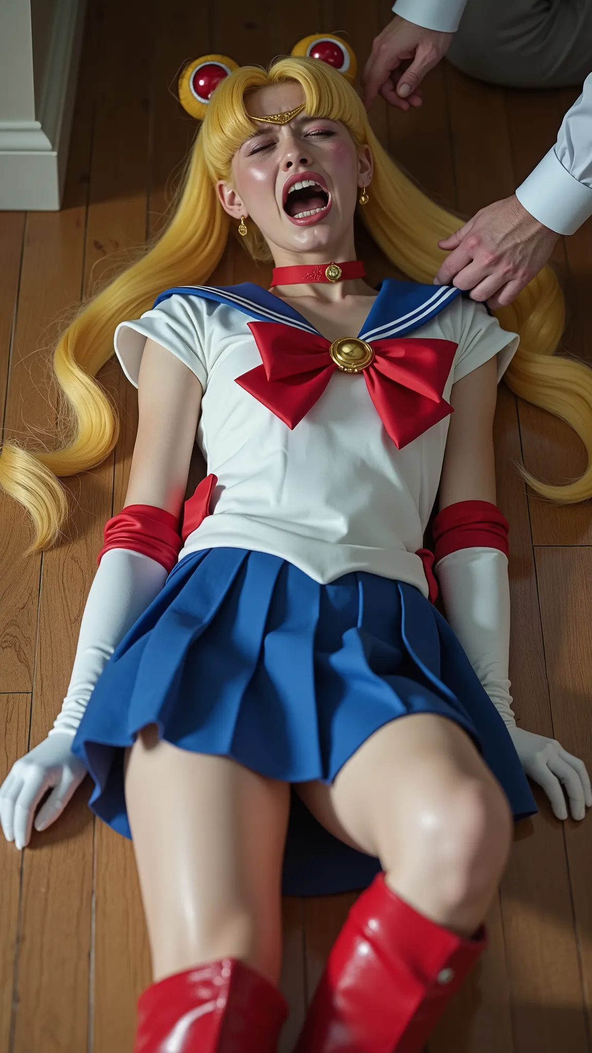 Hyperrealism, masterpiece, highest quality, A young Japanese woman is lying on the floor, ((she is crying and screaming in pain)), tears from her eyes, painful face, she is wearing a Sailor Moon costume, Blue sailor collar, Blue short mini pleated skirt, s...