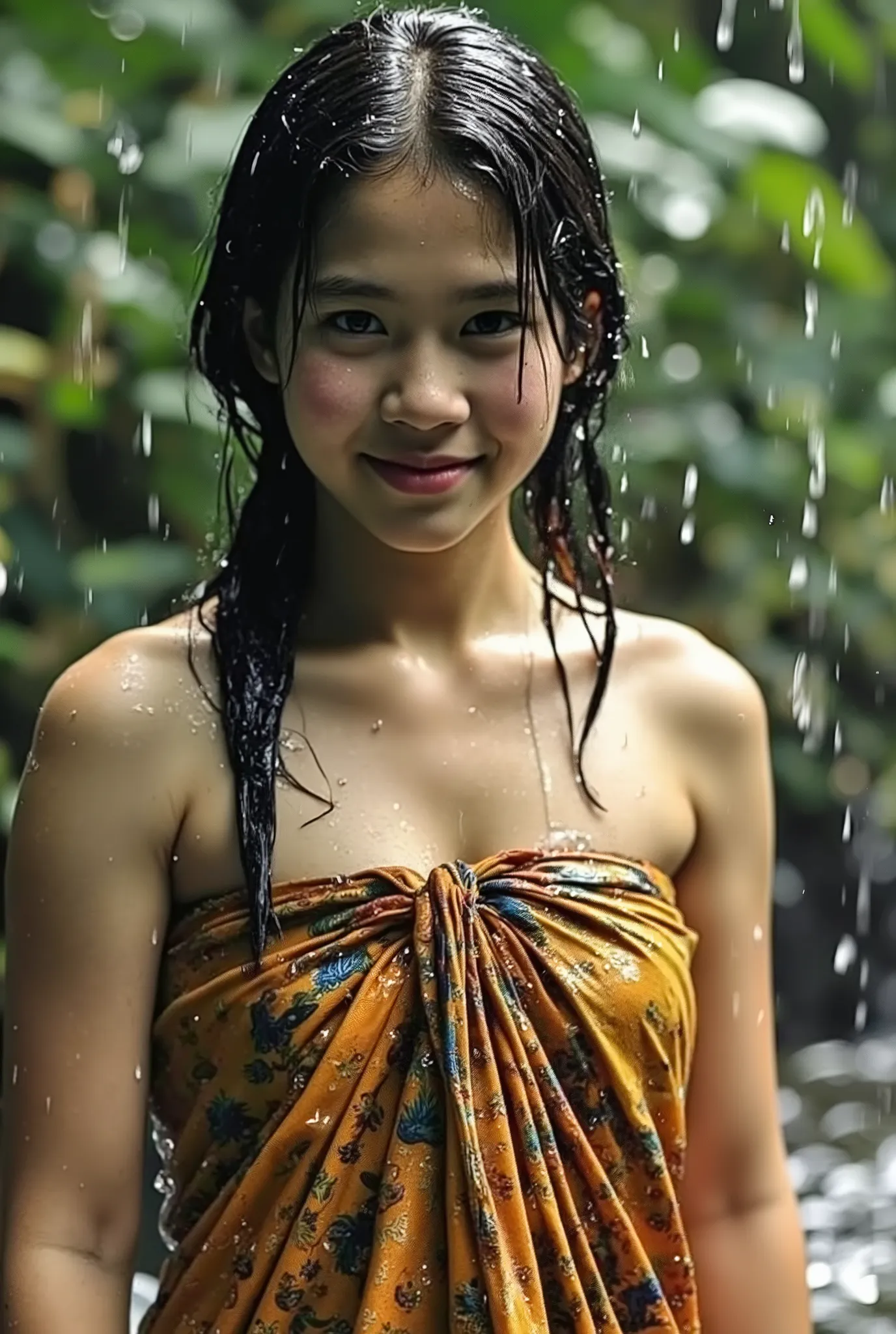 cute indonesian 13 years old girl, wet hair, , wearing sarong, upper body, bathing under the shower.Look at the viewer, wide angle full body shot,
