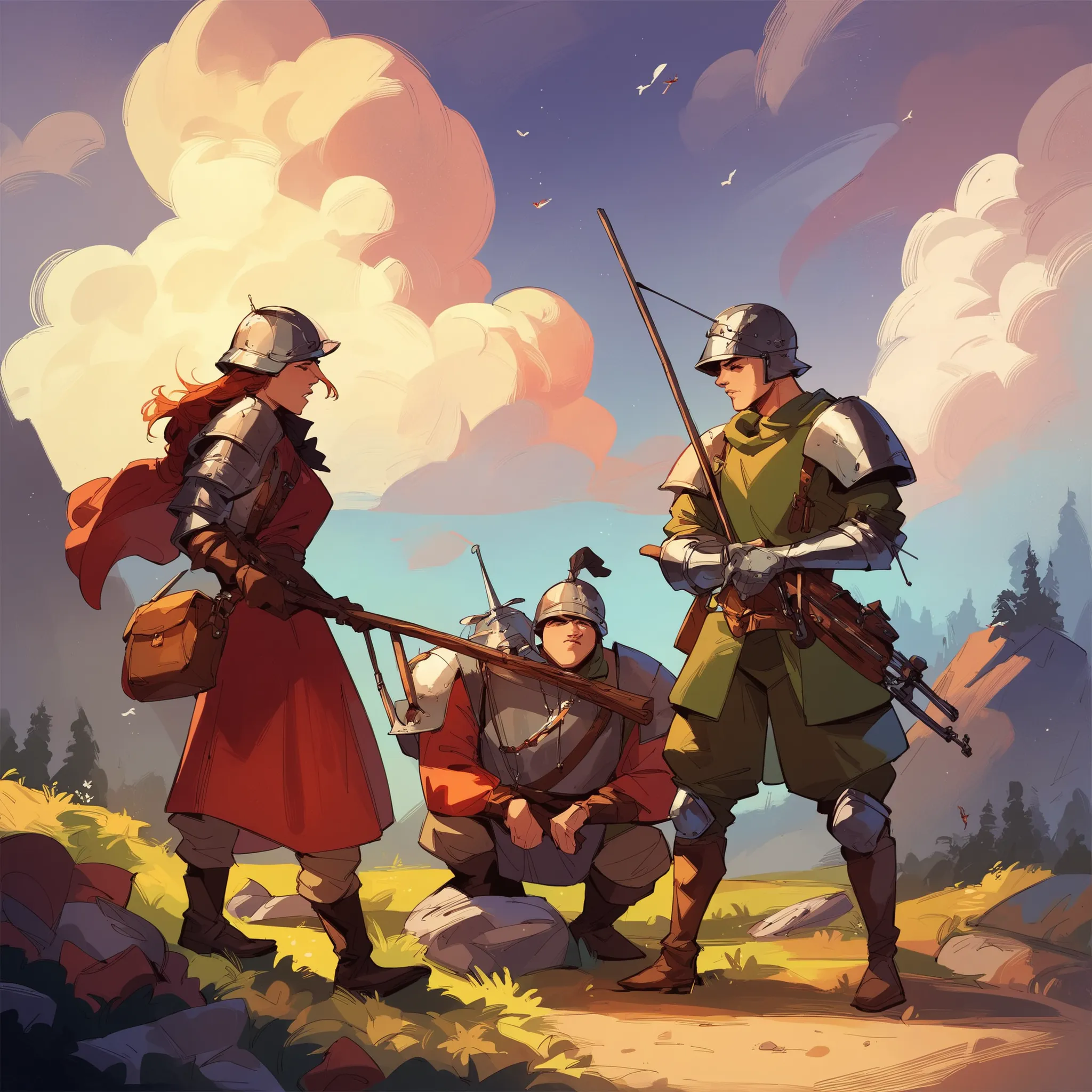 source_anime, score_9, score_8_up, score_7_up, score_6_up,art style, a group of adventures party, boy, girl, medieval western fantasy, adventure gear, wearing variant armor, helmet, bow, crossbow, albarest, catapult, ballista, musket
