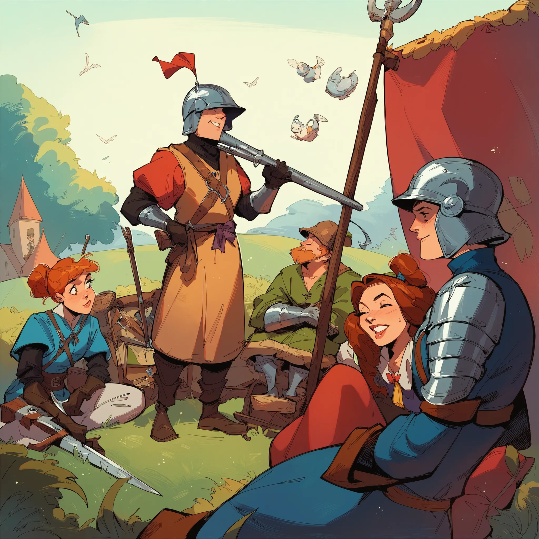 source_anime, score_9, score_8_up, score_7_up, score_6_up,art style, a group of adventures party, boy, girl, medieval western fantasy, adventure gear, wearing variant armor, helmet, bow, crossbow, albarest, catapult, ballista, musket