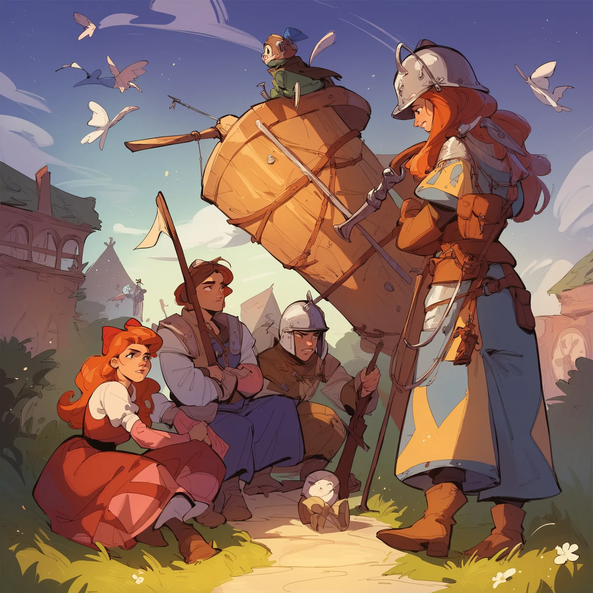 source_anime, score_9, score_8_up, score_7_up, score_6_up,art style, a group of adventures party, boy, girl, medieval western fantasy, adventure gear, wearing variant armor, helmet, bow, crossbow, albarest, catapult, ballista, musket