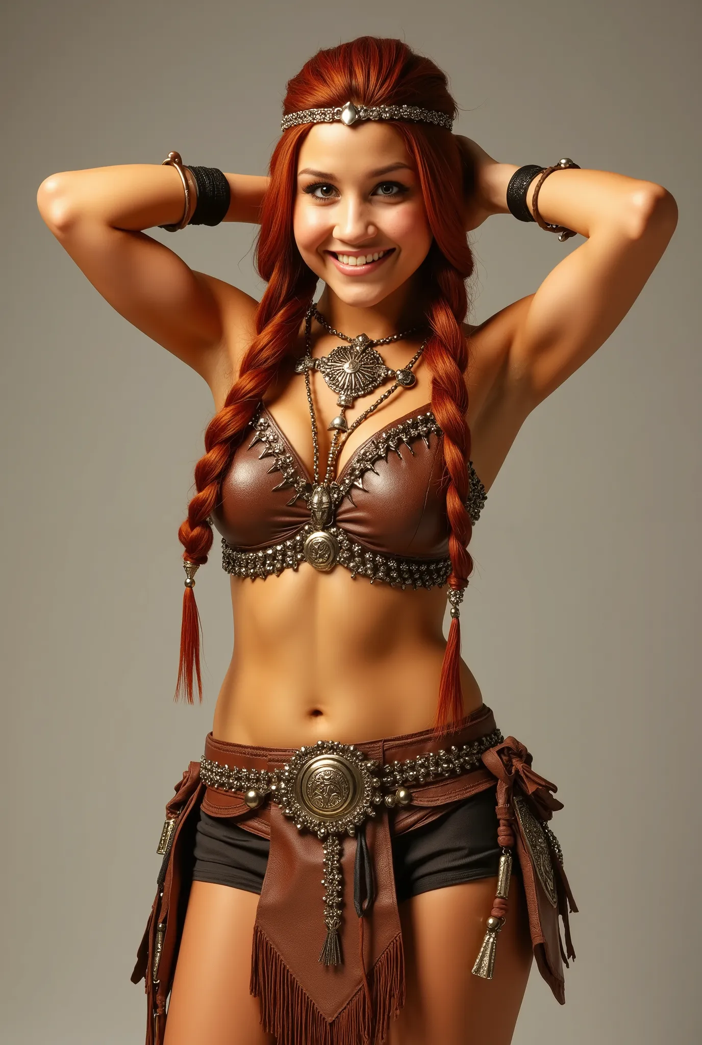 ( 8k resolution ) , solo , Indian armor (gepanzert: 1 . 2) , no panties , radiant smile , scantily clothed , Bauch frei , Chest free (Unterbrust: 1 . 25) , small breasts (small breasts: 1 . 1) , defined thighs free , very strong arms , hautenge Booty-Sho...
