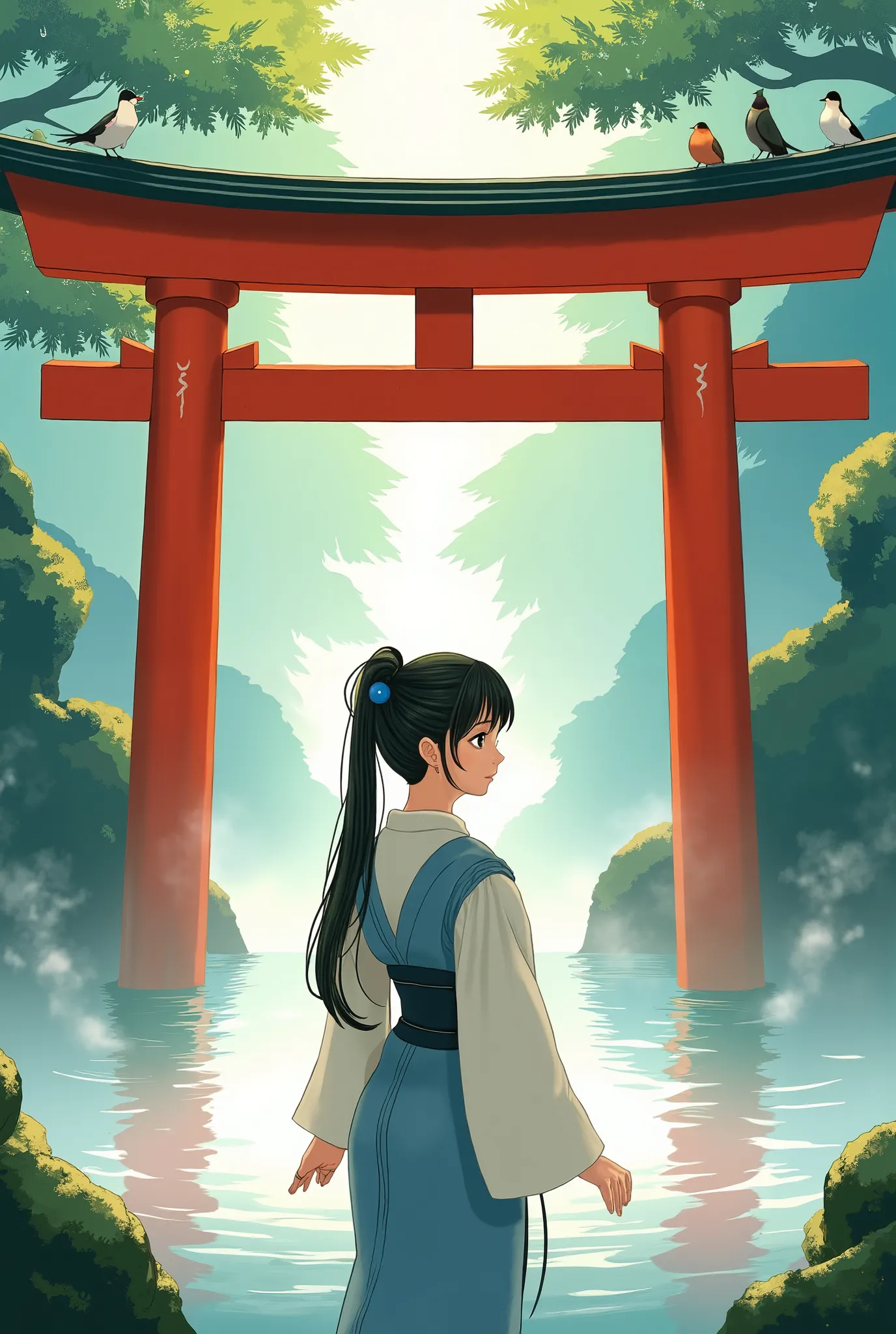 tendrils wrap around a red torii gate by the water、Little birds sitting over the torii gate、A woman in a shrine maid costume stands in the morning mist、solo、anatomically perfect、Beautifully illustrated fingers、 dark eyes、black hair、ponytail、Ein Ort, where ...