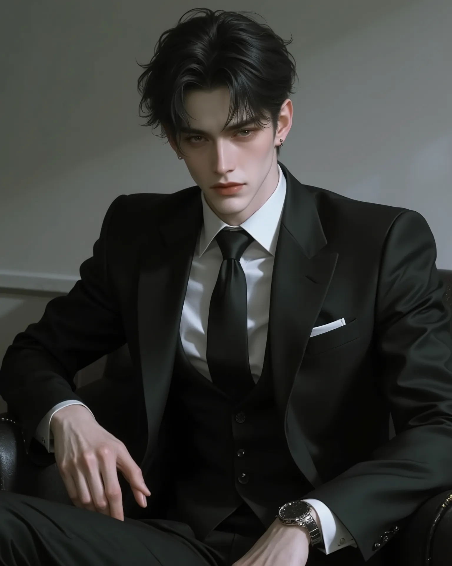 Korean men, strong body,, white, ผมสีดำ, , wearing a black suit,gray background, sitting on the couch in the office, natural light,s, Dark-eyed dude,