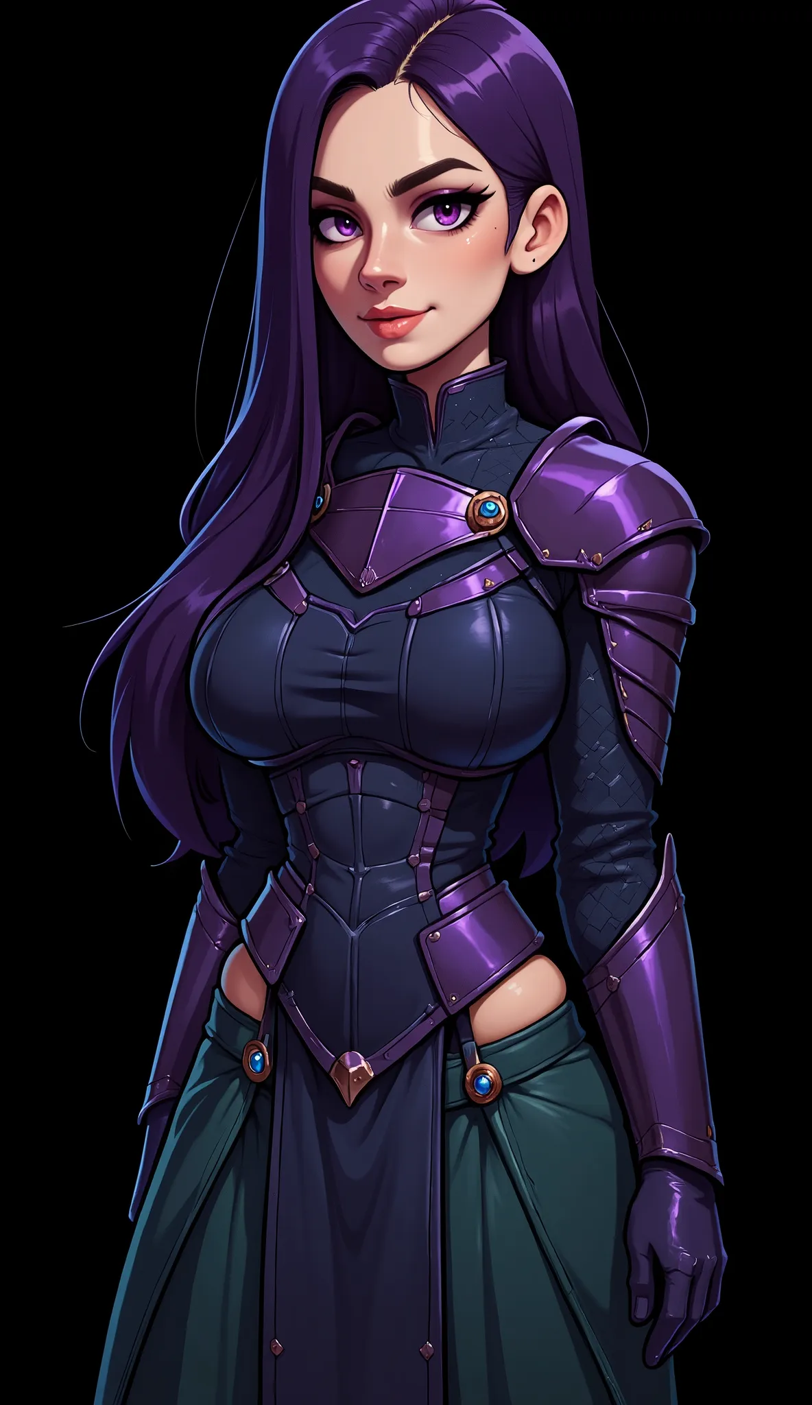 cflxcrtn3, ((realistic sweater)), best quality, 4k, extremely detailed, Masterpiece, (((cute arcane knight girl))), TANNED SKIN, straight flowing hair, dark purple hair, (dark purple metal armor, Plate gloves, dark green tiled skirt,pelvic curtain, dark b...