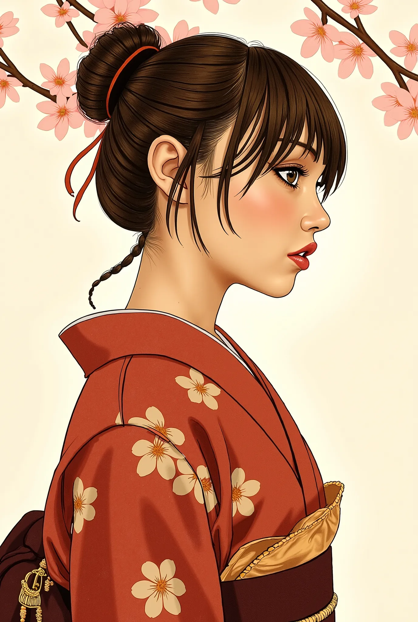 pop art is drawn, digital art, drawn with brown ink on white paper, Japanese Kimono, white and brown brush strokes, melancholy expression, upper body, thin slanted, very detailed and dynamic, expresses shadows with precise lines, delicate and precise expre...