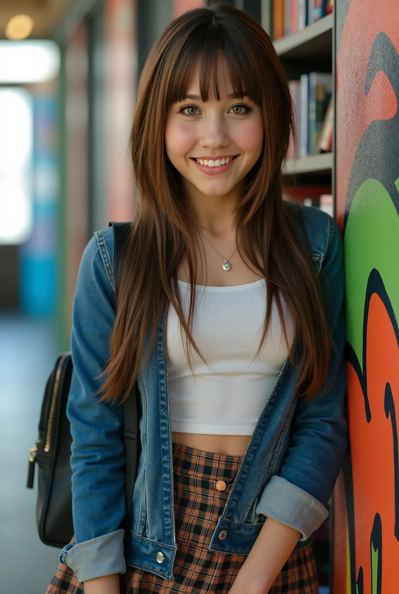 HDR , 8K , Meisterwerk , best quality , absurd , ultra-detailed , Hochästhetisch , highly detailed eyes , depth of field , realistic body , Bleistiftskizze , 1 girl , Frau , Student outfit , casual style , , Jeansjacke , plaid rock , white shirt , lang...