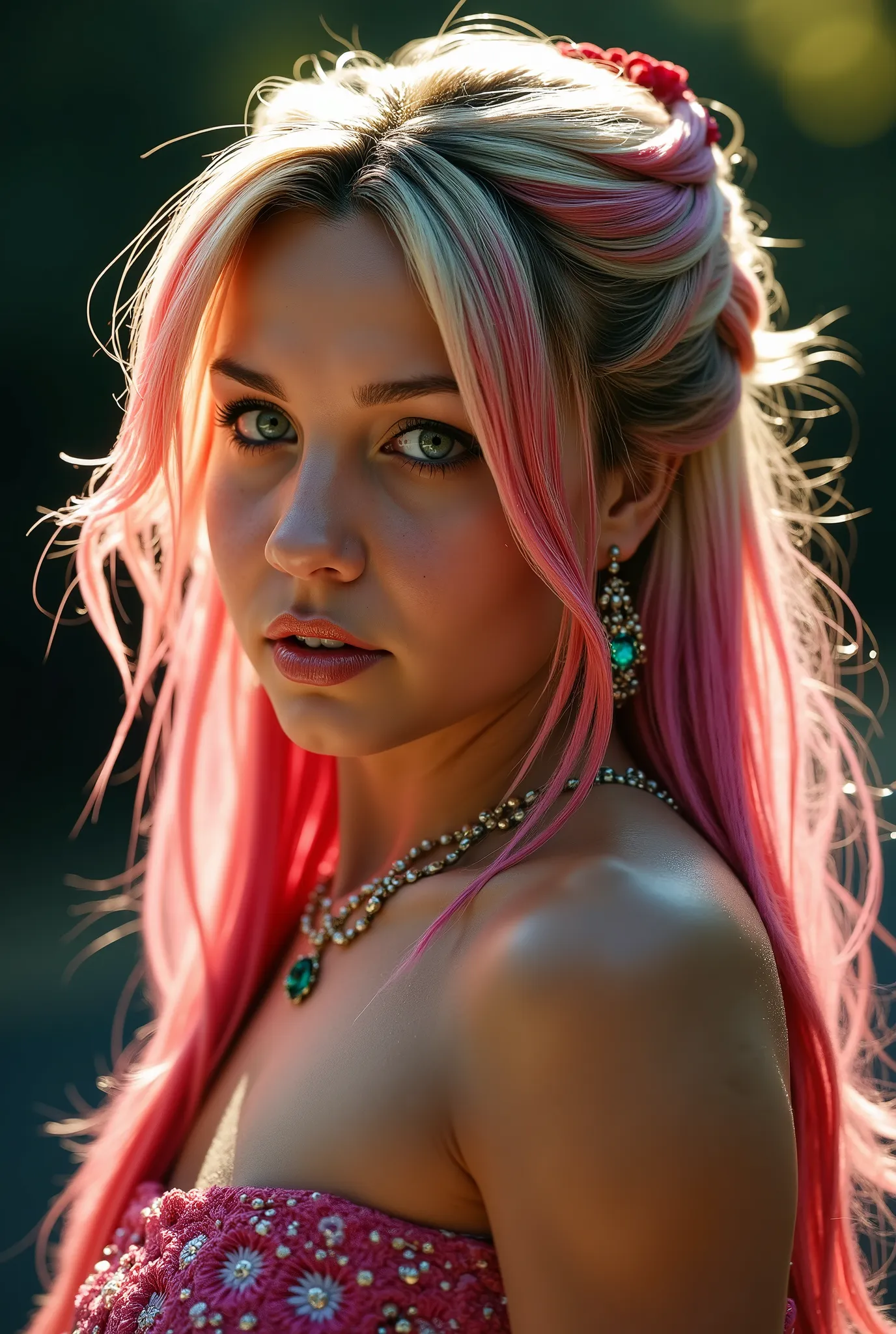 Hi-Res , 8k , Meisterwerk , best quality , great quality , very aesthetic , Absard dress , neuste , detailed eyes , depth of field , 1 girl , adult woman , similar colors , sea blue eyes , blonde hair , pink hair almost MM , buntes Haar , half up , ve...