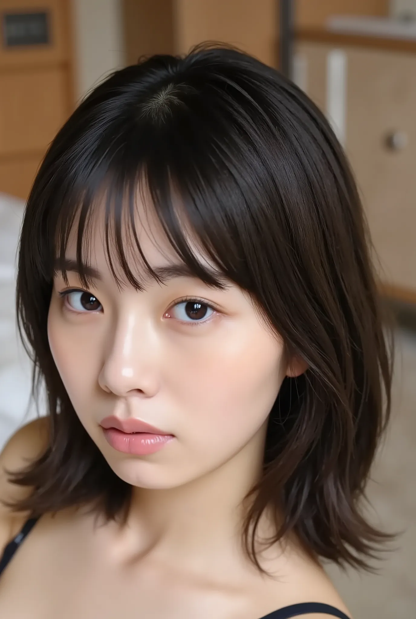 (( Highest Quality, 8K )), ((masterpiece)), ( details), Japanese, two-tone swimsuit ,1 girl on break day, Voluptuous women , sexy,( in the bedroom),((( abnormally large breasts , completely naked, beautiful breasts, short bob hair))), ...