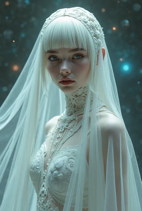 there is a woman in a white dress with a veil on, futuristic and ethereal, digital art fantasy, natalie shau tom bagshaw, ethereal fantasy, cyborg goddess in cosmos, astral appearance, ethereal and otherworldly, digital art fantasy art, elaborate digital a...