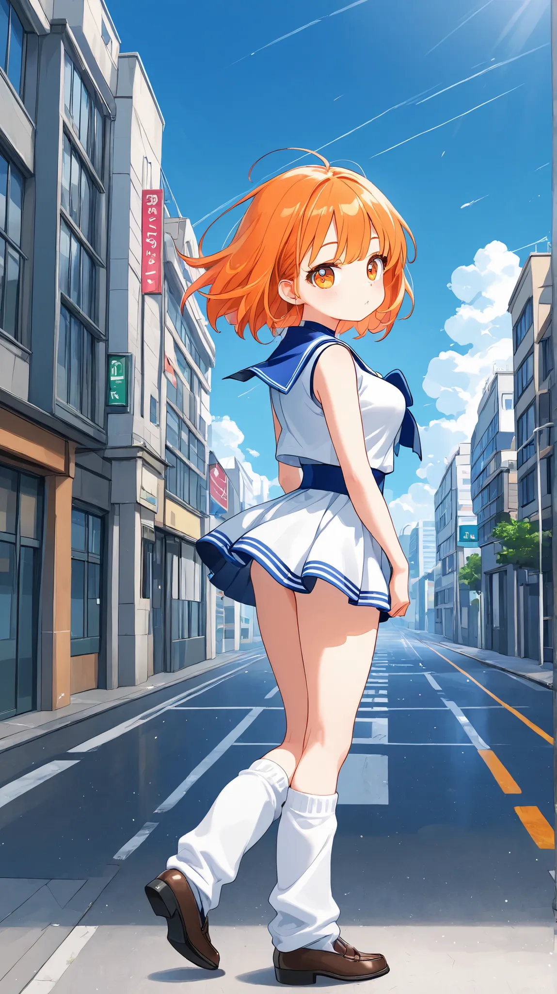 1girl, high school girl, short orange hair, sailor suit, loose socks, loafers, mini-skirt, big and cute eyes, medium breasts, side view, walking, watching the viewer, full body, city road, blue sky, sunshaft, strong wind