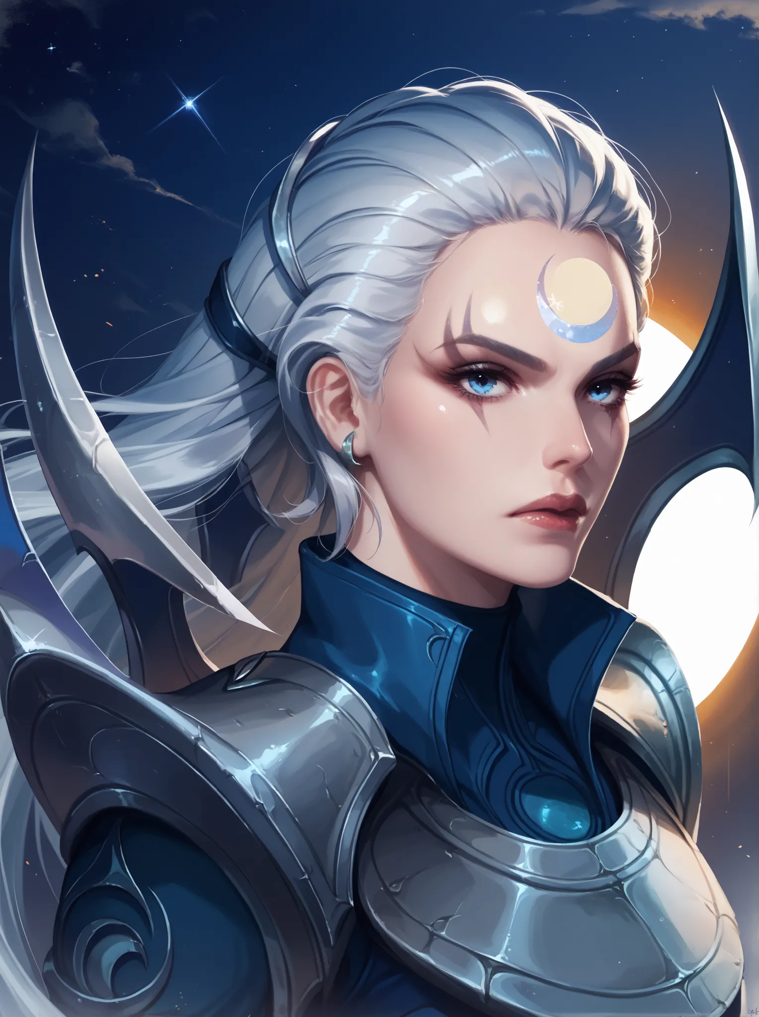 Diana from League of Legends, standing in a moonlit battlefield, long silver hair flowing, piercing pale blue eyes, wearing dark armor with silver crescent moon motifs, holding her (large), (curved crescent) blade, dramatic backlighting from a full moon, s...