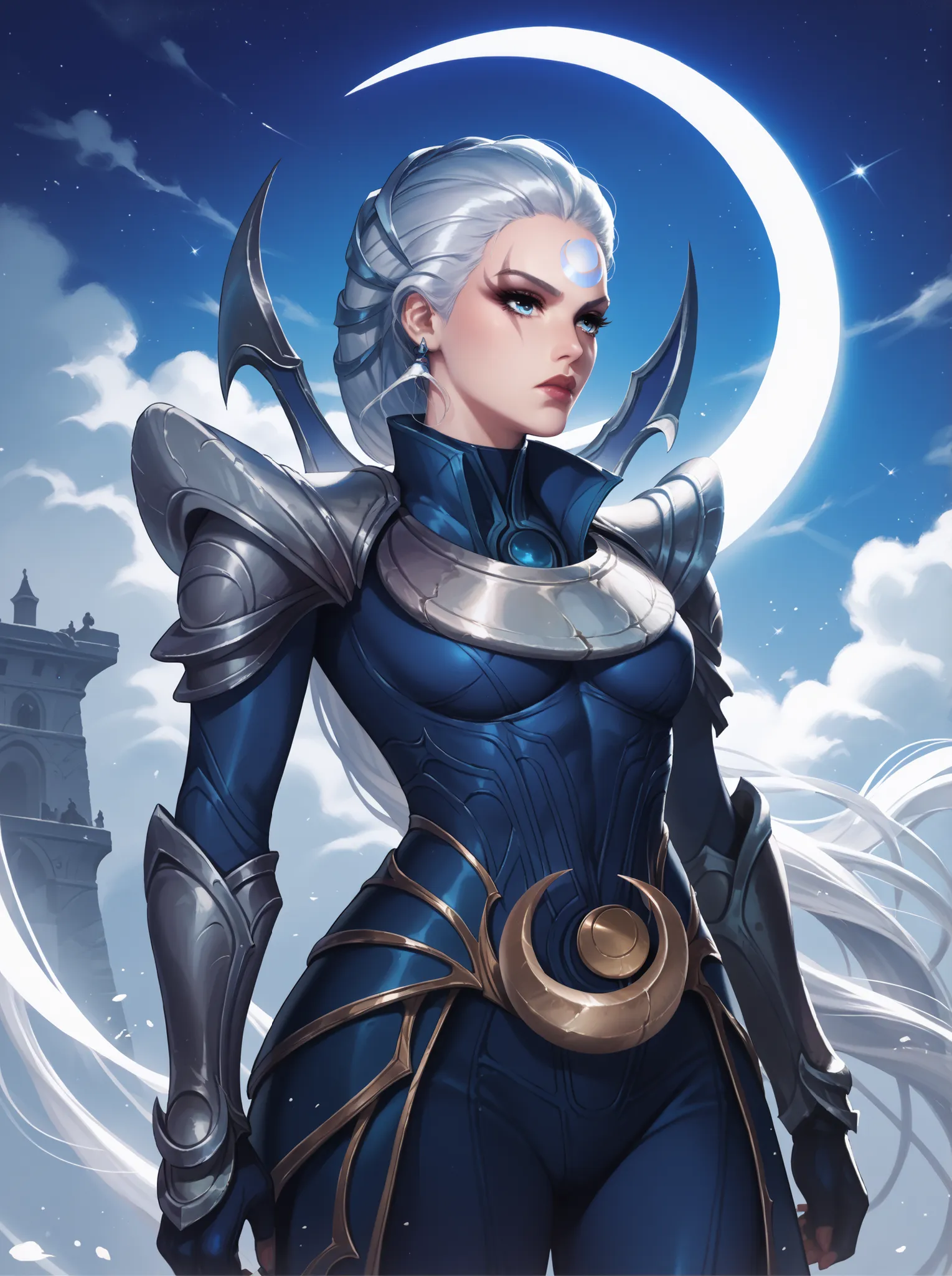 Diana from League of Legends, standing in a moonlit battlefield, long silver hair flowing, piercing pale blue eyes, wearing dark armor with silver crescent moon motifs, holding her (large), (curved crescent) blade, dramatic backlighting from a full moon, s...
