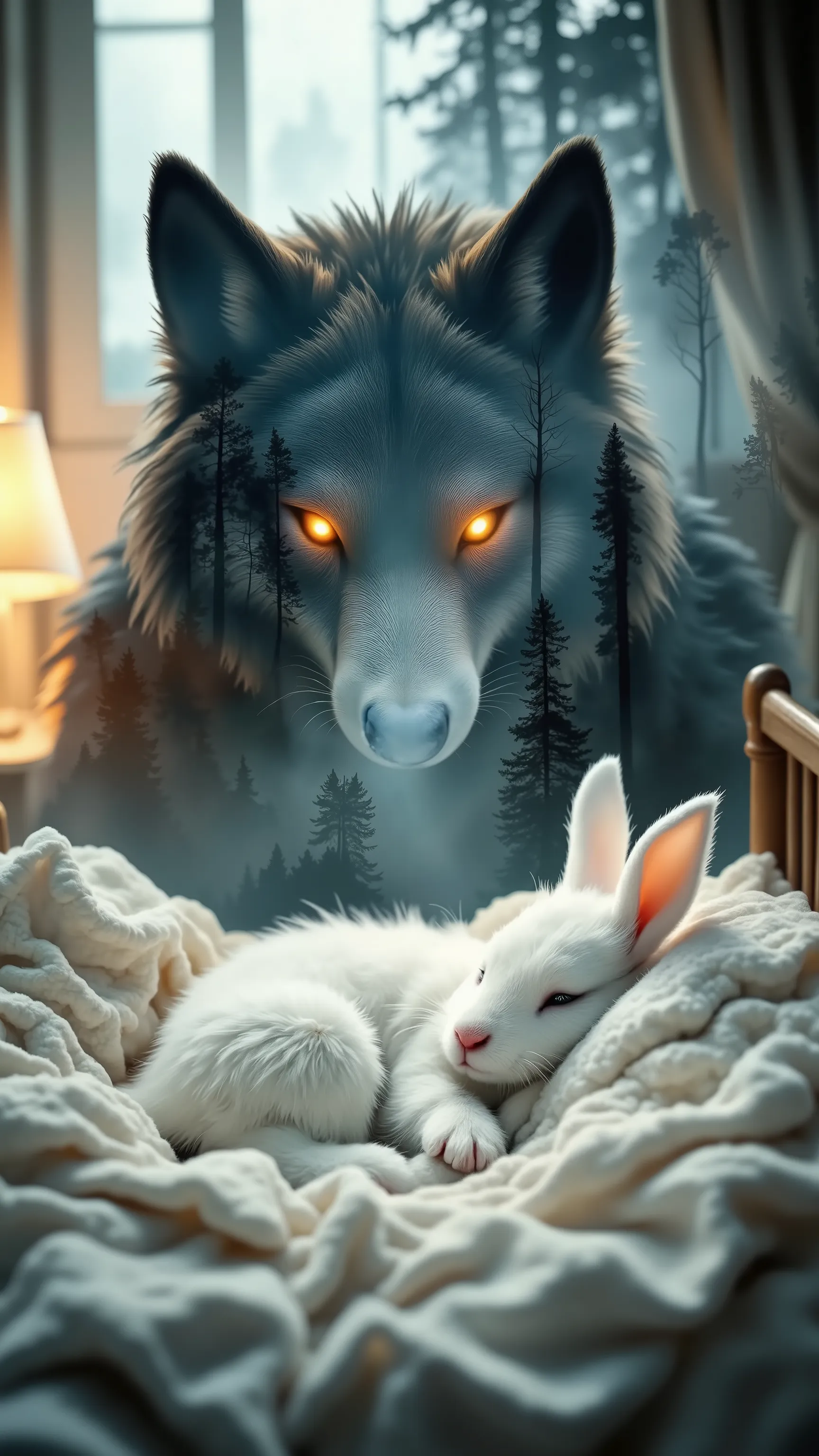 complex double exposure High-quality. sleeping white bunny in 's bed, warm nursery glow. hyperreal cinematic photoart, Hushabye, lullaby. ultra-detailed, 8K, surreal double exposure, emotional tension, inspired by Ash Thorp, Max Sauco, Joanie Lemercier.