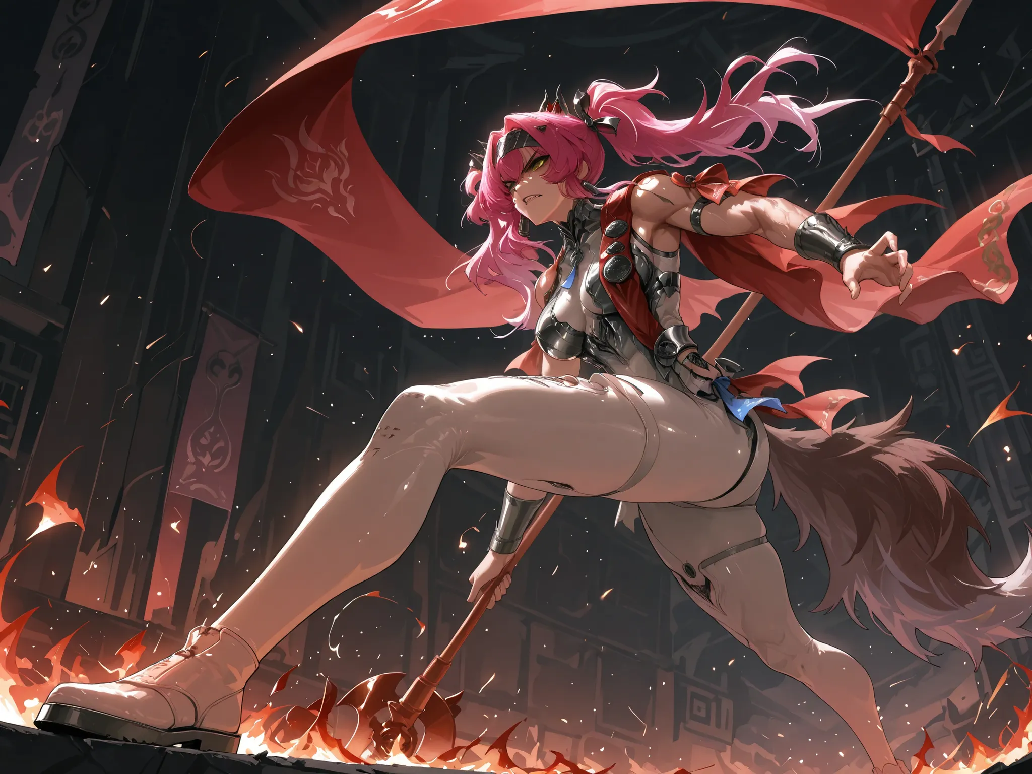 ((SOLO))Lupa \(wuthering waves\) walking menacingly, full body, with a banner flag , twin tails, detailed hands, medium breast, muscular thighs, thighs focus, fire wolf power follow her , fierce face, covered legs,  big brown tail, metal headband, low angl...