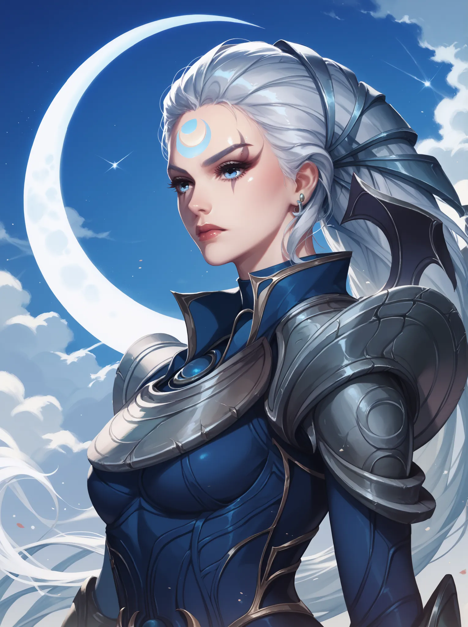 Diana from League of Legends, standing in a moonlit battlefield, long silver hair flowing, piercing pale blue eyes, wearing dark armor with silver crescent moon motifs, holding her (large), (curved crescent) blade, dramatic backlighting from a full moon, s...