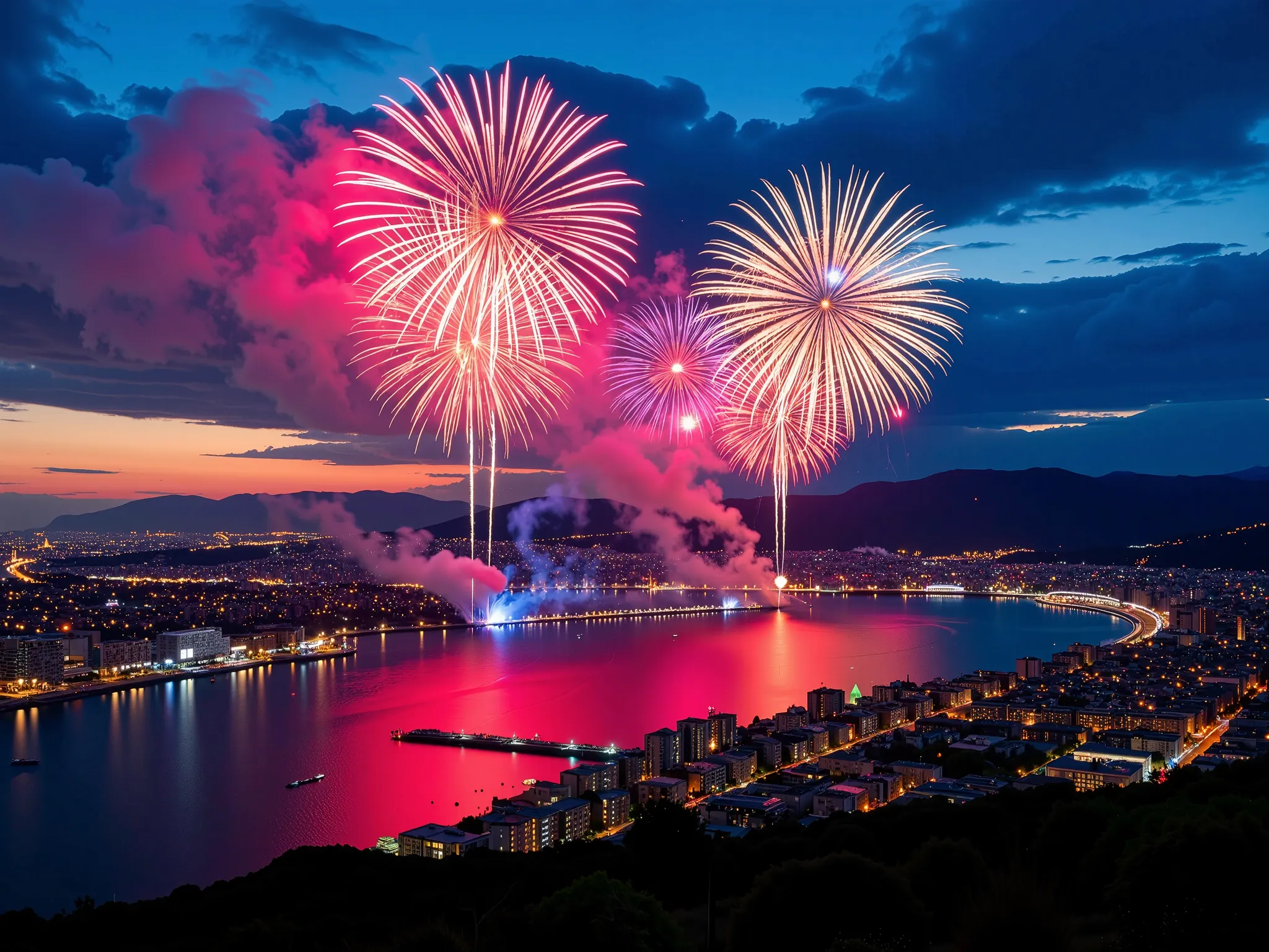 Under a deep twilight sky, a vibrant display of fireworks lights up the night over a sprawling urban skyline. The image captures bursts of red, pink, and purple fireworks exploding high above, their colorful trails cascading downwards. Below, the cityscape...