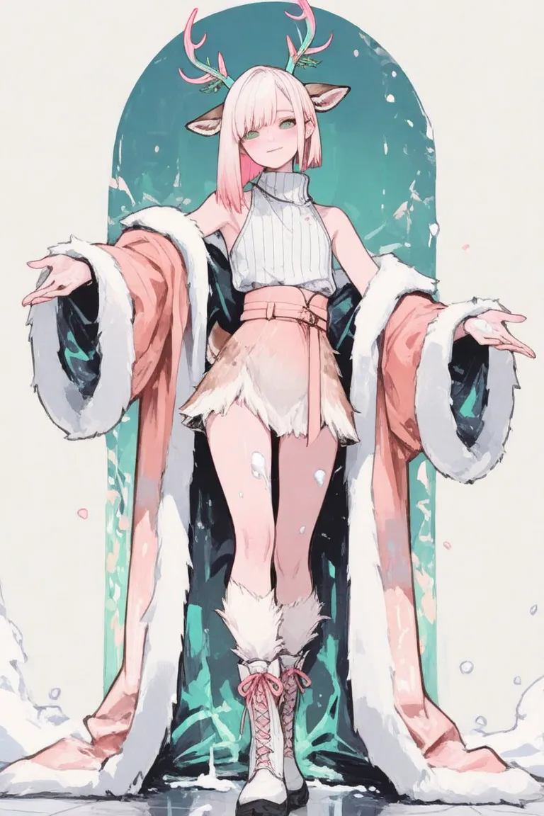 1 boy, Best quality, highest quality, masterpiece, ultra-detailed, illustration, androgynous looks, feminine, shoulder-length salmon-pink hair fading to peach-white at the ends, bright teal-green eyes, deer antlers, rounded antlers, deer ears, human face, whole body image, digitigrade legs, deer tail, deer fur on legs, salmon-pink and peach-white fur on legs, peach-white ribbed turtleneck shirt with cut out sides exposing hips, salmon-pink faux-shearling long flowing coat reaching down to ankles, cream-white boots, cream-white oversized scarf reaching floor, Perfect quality, less mistakes, Shoulder-length hair, coat covering body, symmetrical horns, no skirt, salmon-pink high waist trousers, turtleneck side cut outs, no hair below shoulders, soft smile, salmon-pink to peach-white hair gradient, fantasy aesthetic, exposed shoulders