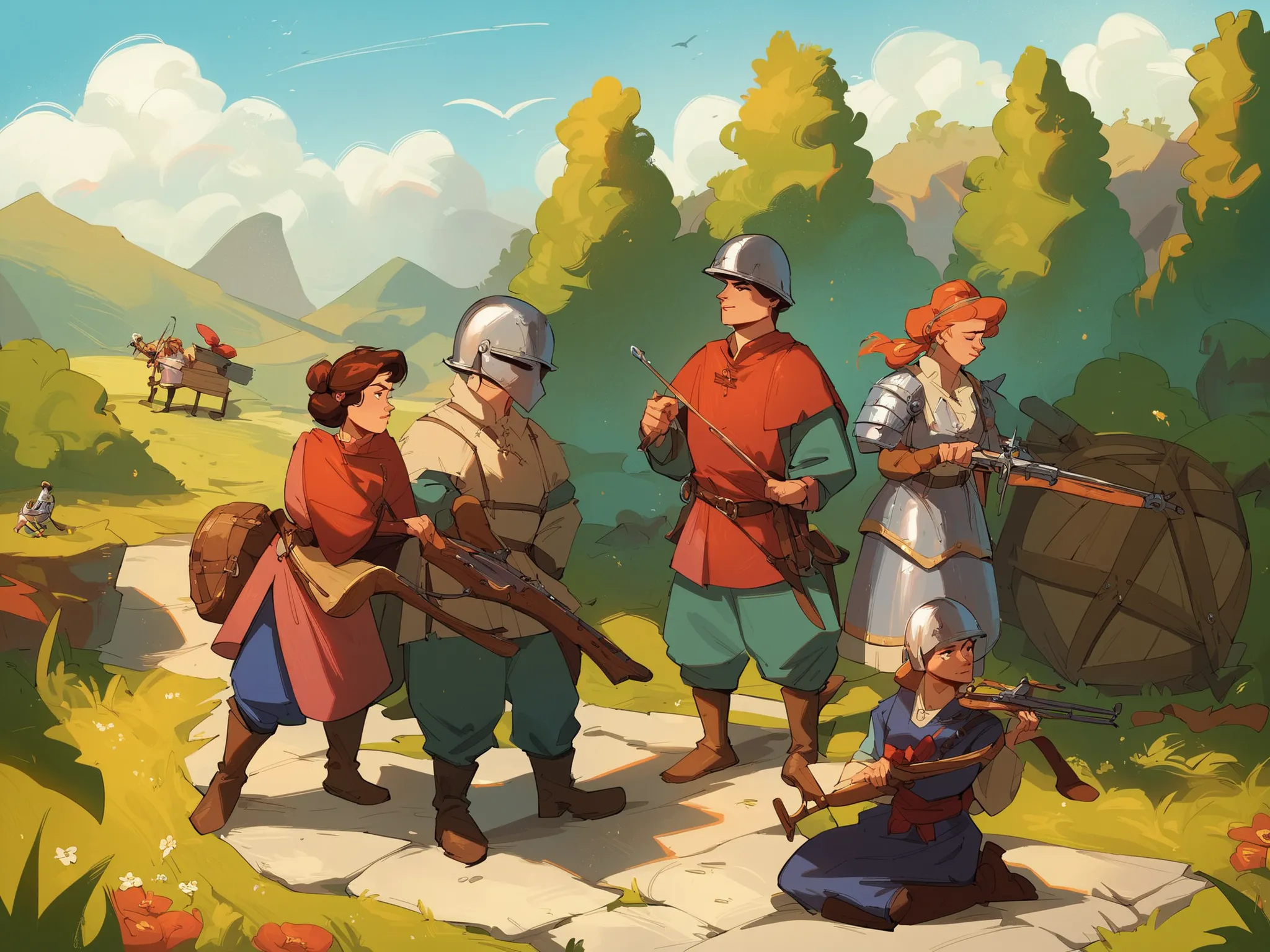source_anime, score_9, score_8_up, score_7_up, score_6_up,art style, a group of adventures party, boy, girl, medieval western fantasy, adventure gear, wearing variant armor, helmet, bow, crossbow, albarest, catapult, ballista, musket