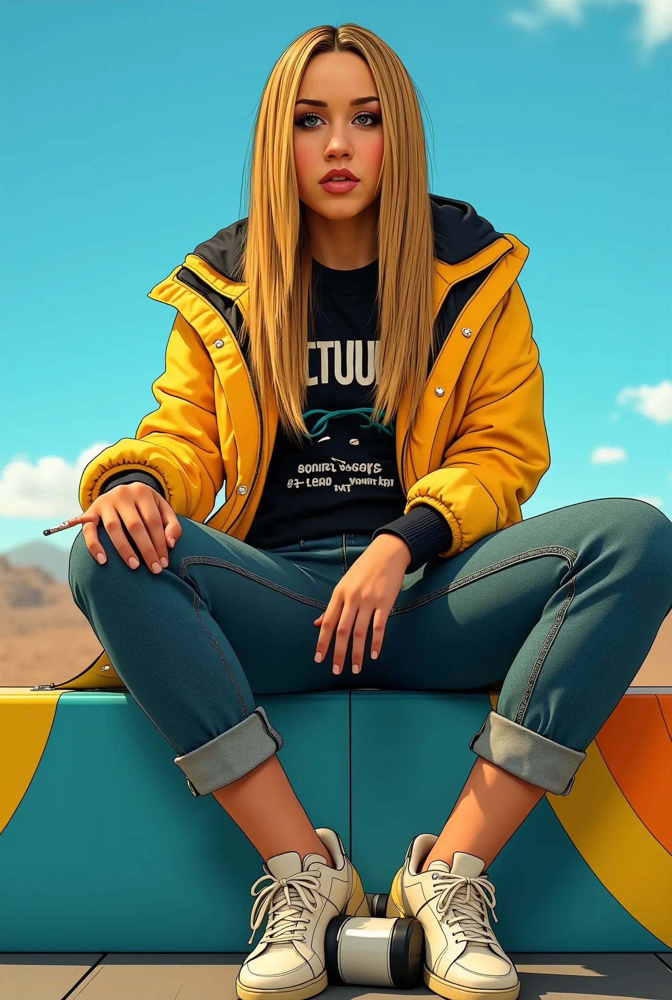 painting of a woman(Amanda Bynes ), sitting on a wall , She is wearing headphones , here the feet rest on the headphones, legs are crossed, She has sneakers, a yellow jacket with a geometric pattern, falls down to shoulders, rolled up jeans, The lower par...