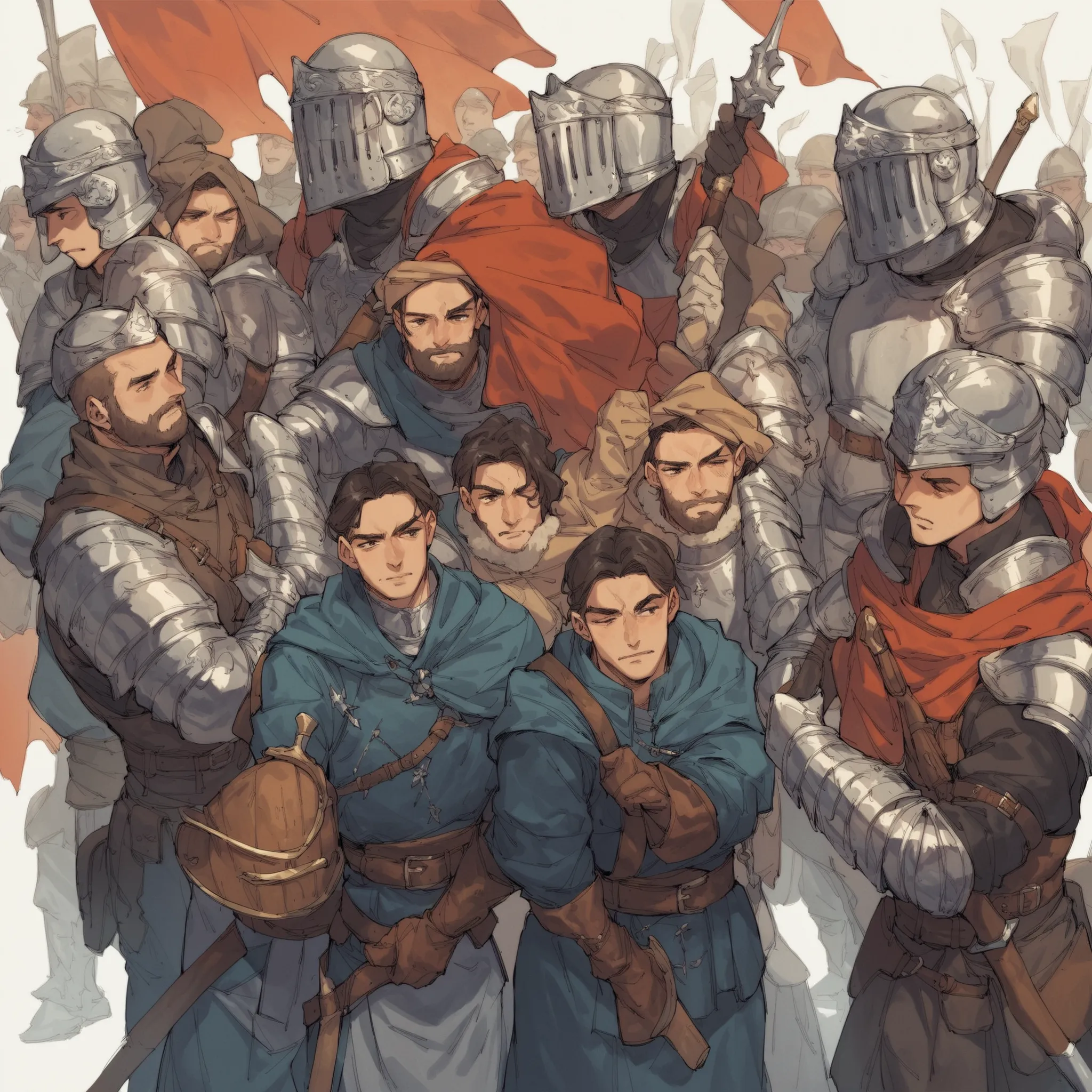 source_anime, score_9, score_8_up, score_7_up, score_6_up,art style, 8man, masculine, a group of spearman, armor, helmet, medieval western fantasy, 