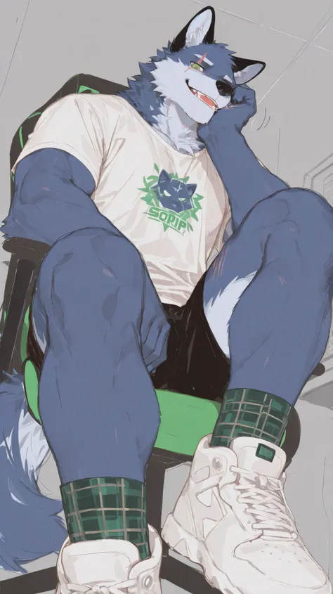 1 Uncle,(((middle-aged_male:1.5))),old_man:0.5,Blue Wolf,((blue fur:1.2)),((white body:1.3)),light green eyes,full body photo,black ears,White T-shirt,light green plaid shirt,black shorts,green plaid socks,white sneakers,In the e-sports room,sitting on a g...