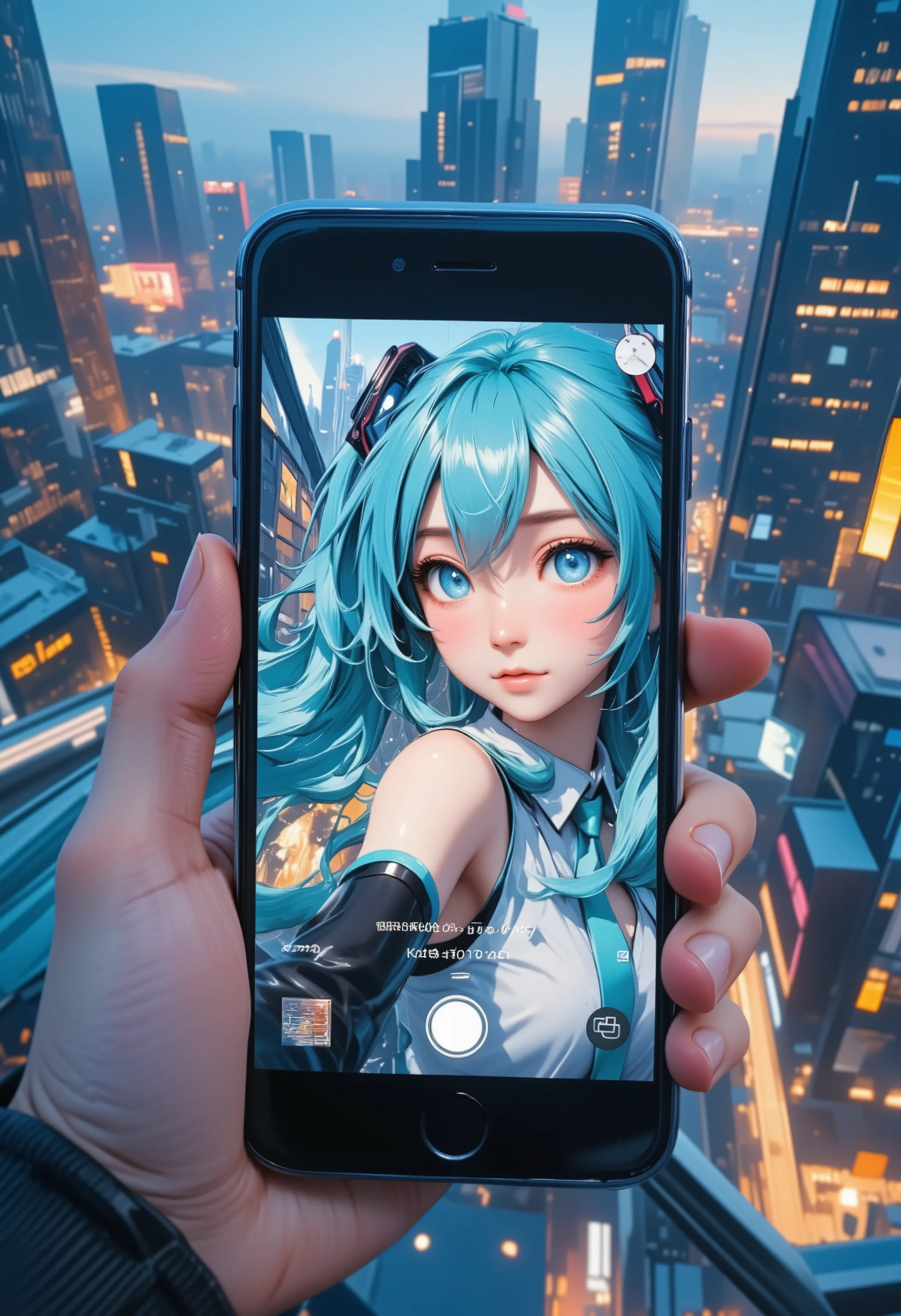 Hatsune Miku taking selfie on glass-walled rooftop, smartphone OLED screen displaying real-time facial close-up, 4K resolution pore-level skin texture, metal phone frame reflecting cool twilight tones, screen white balance matching ambient light, transluce...