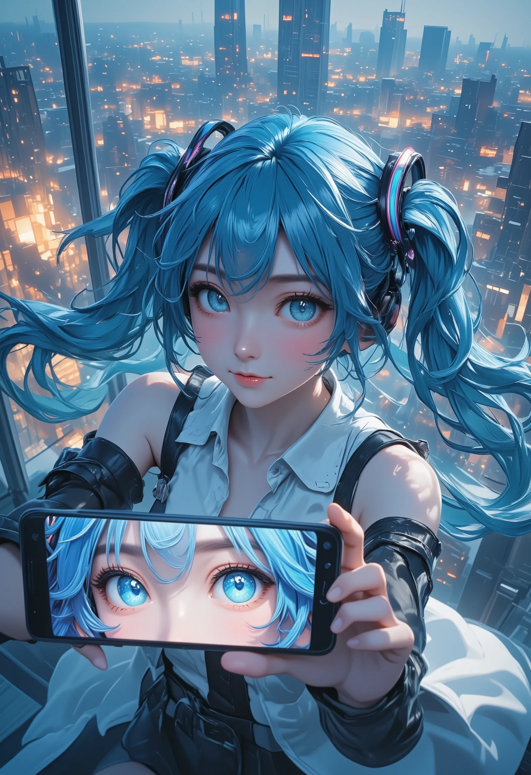 Hatsune Miku taking selfie on glass-walled rooftop, smartphone OLED screen displaying real-time facial close-up, 4K resolution pore-level skin texture, metal phone frame reflecting cool twilight tones, screen white balance matching ambient light, transluce...