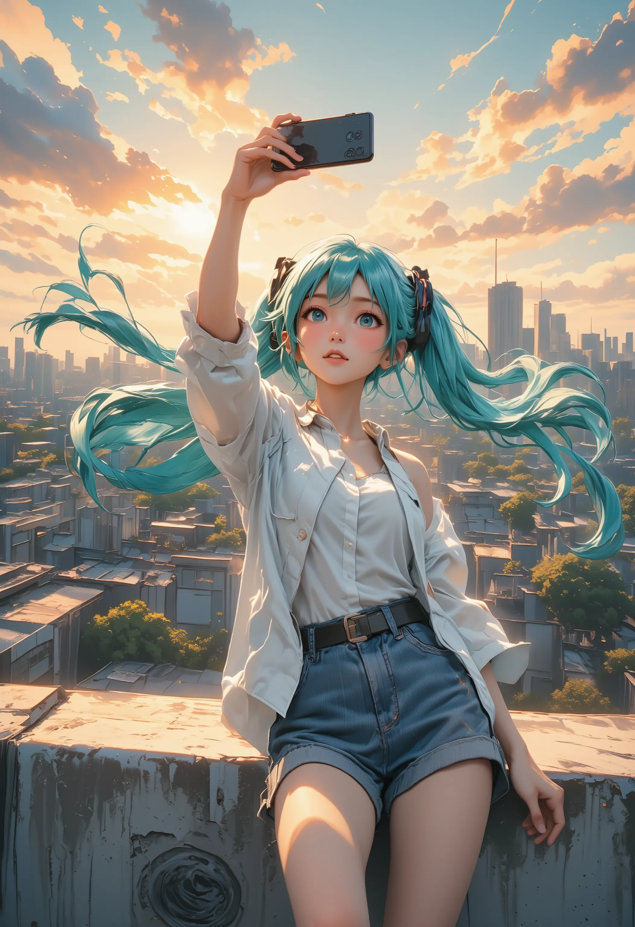 Hatsune Miku taking rooftop selfie with smartphone, golden hour twilight piercing through clouds, intensified silk hair movement in wind currents, shallow DOF blurring urban skyline, Hasselblad 8K hyper-detailed skin texture, denim shorts fabric weave clos...