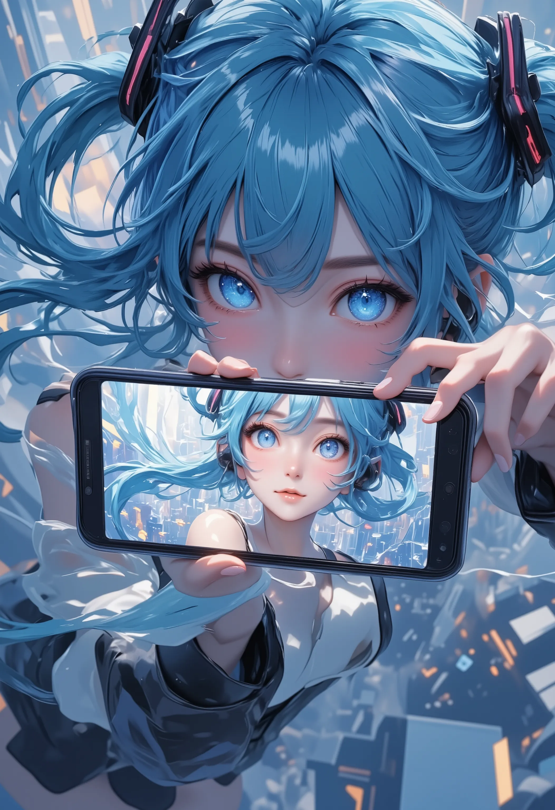 Hatsune Miku taking selfie on glass-walled rooftop, smartphone OLED screen displaying real-time facial close-up, 4K resolution pore-level skin texture, metal phone frame reflecting cool twilight tones, screen white balance matching ambient light, transluce...