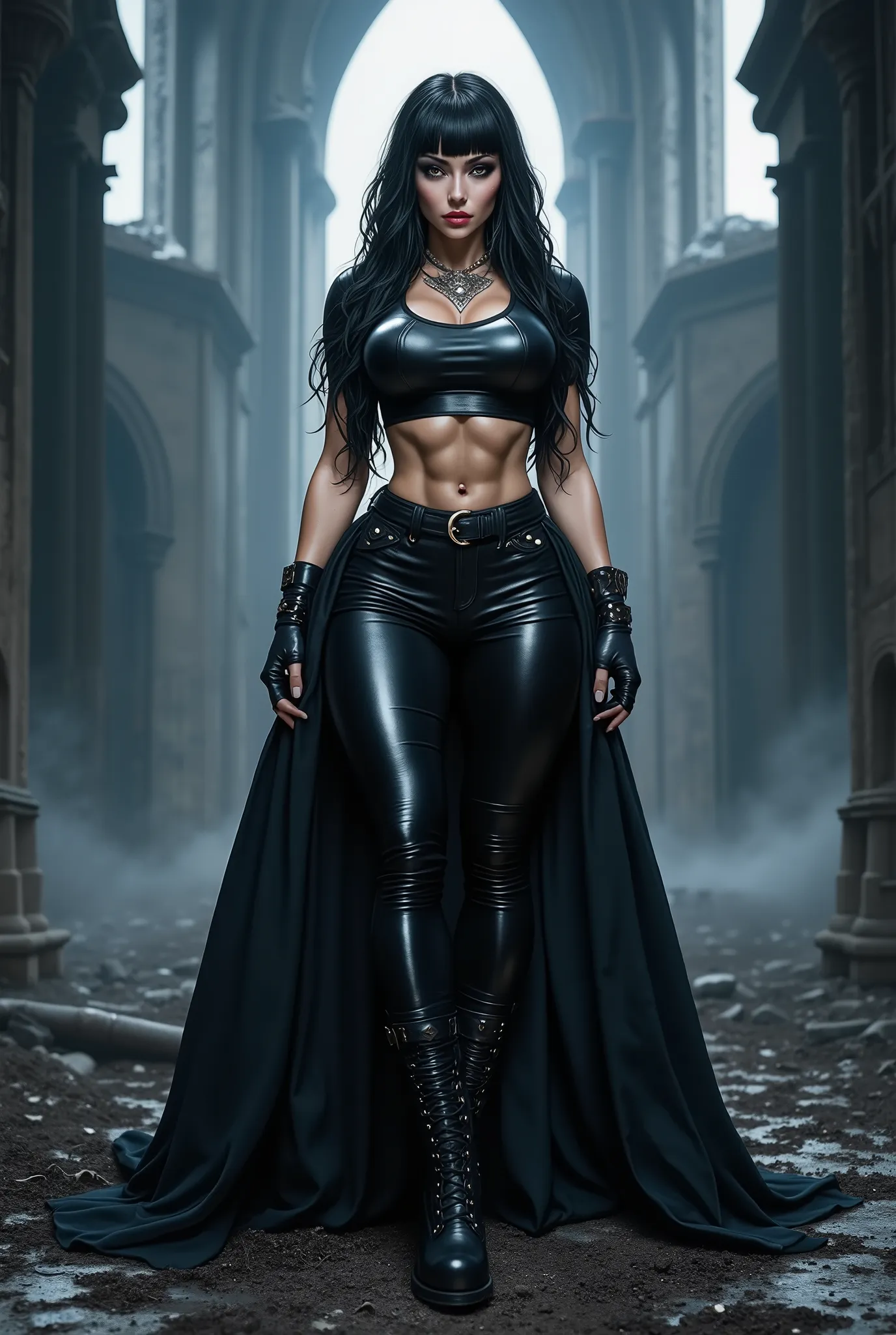gothic rock woman Long black hair with bangs , thin waist , thick thighs , big breasts , six pack abs , toned legs , biceped , leather t-shirt , Black leather pants , high-heeled lace-up high heels black leather boots , Goth makeup , black eyeliner , woman...
