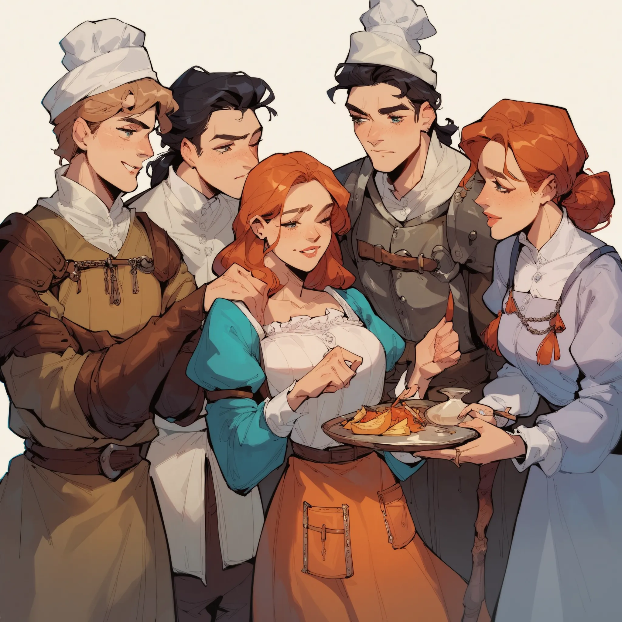 source_anime, score_9, score_8_up, score_7_up, score_6_up,art style, a group of servant, boy, girl, medieval western fantasy, doctor, washerwoman, servant, chef