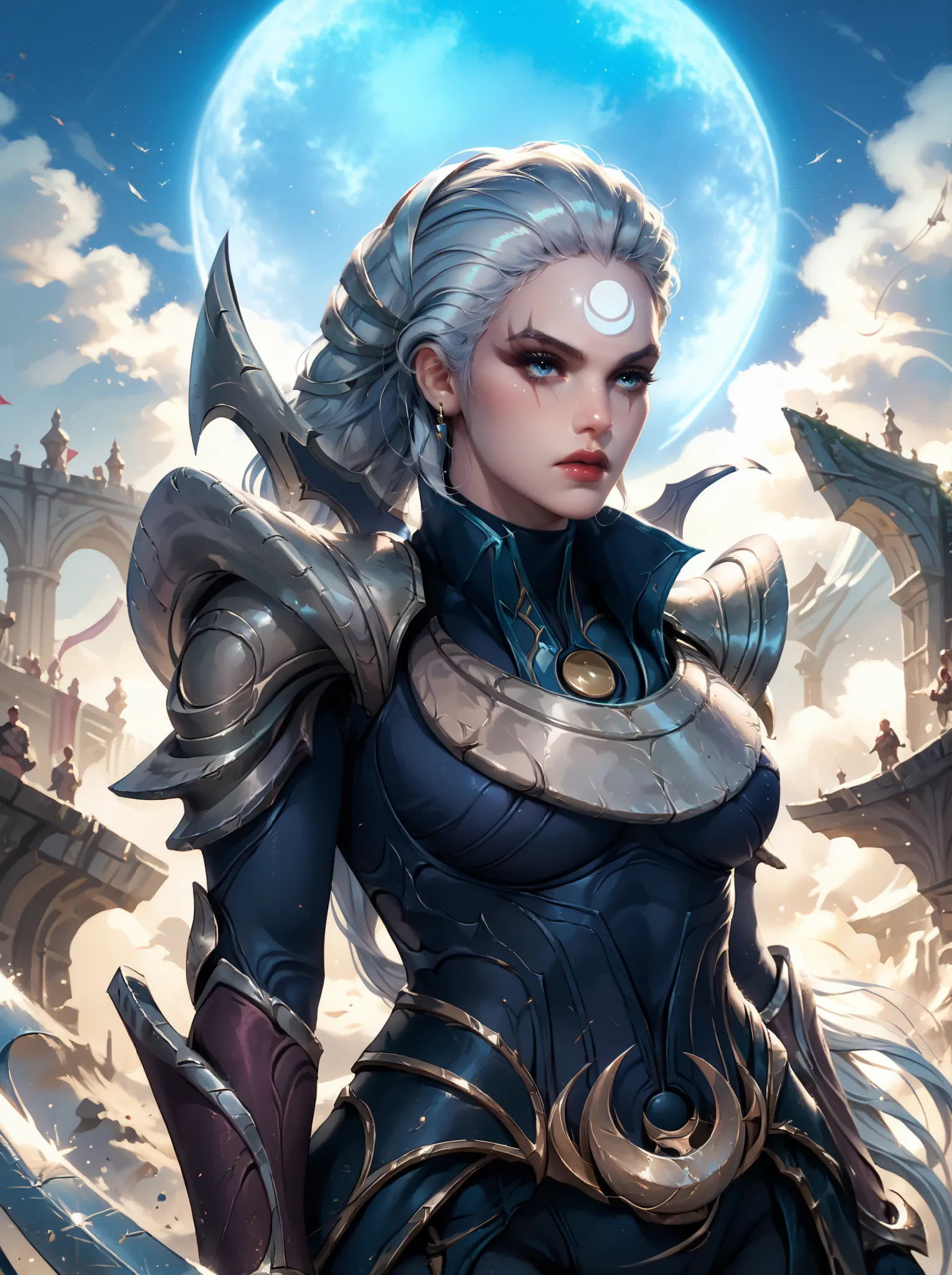 Diana from League of Legends, standing in a moonlit battlefield, long silver hair flowing, piercing pale blue eyes, wearing dark armor with silver crescent moon motifs, holding her (large), (curved crescent) blade, dramatic backlighting from a full moon, s...