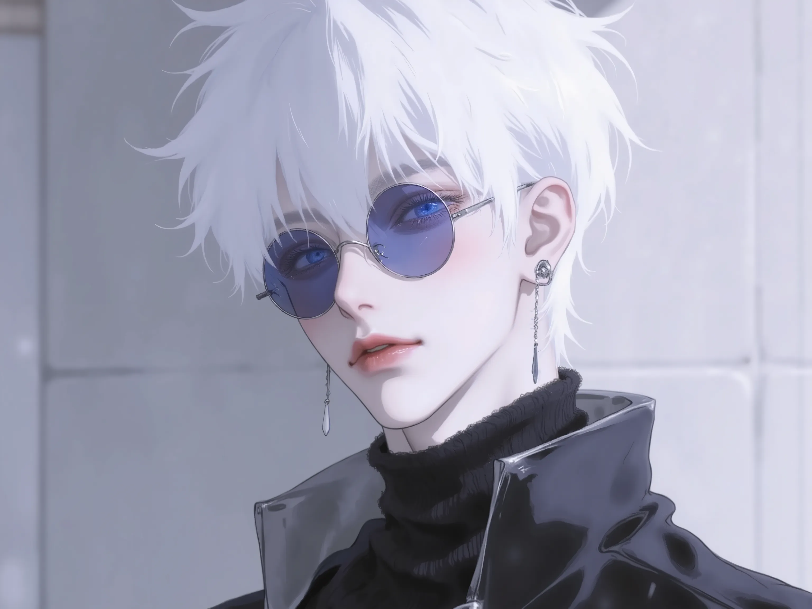 ((score _9,score_8_up,score_7_up)), GOJO SATURO, Portrait of Gojo Satoru from "Jujutsu Kaisen", upper body only, facing forward with a calm and confident expression. White hair, blue sunglasses, wearing a high-collared black uniform. anime style, detailed ...