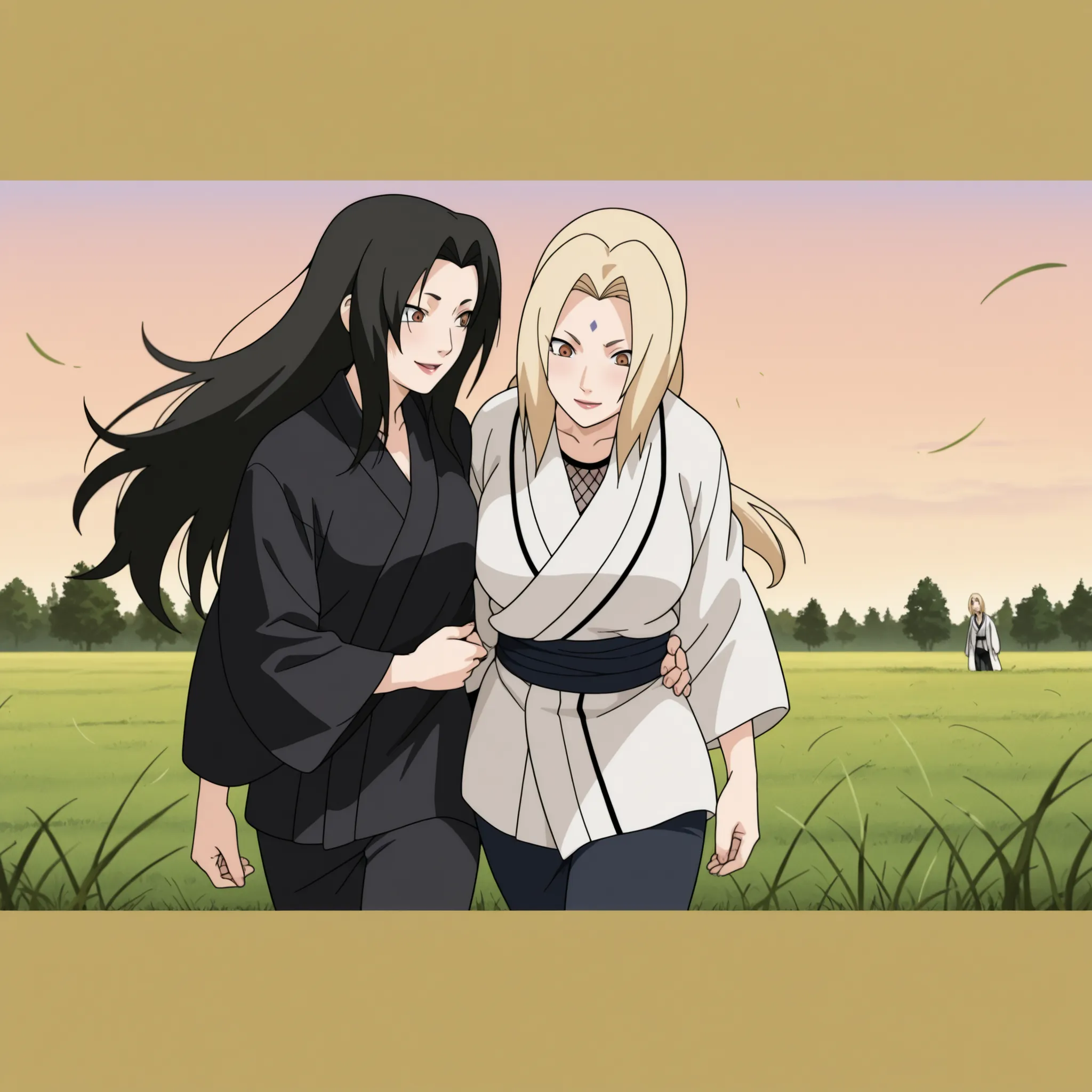 (masterpiece, best quality, anime style, ultra detailed, 8k, Kurenai Yuhi holding Tsunade Senju by the waist as they slowly walk through an open field of grass, Tsunade leaning slightly against Kurenai, mature women, Kurenai with long dark hair, Tsunade we...