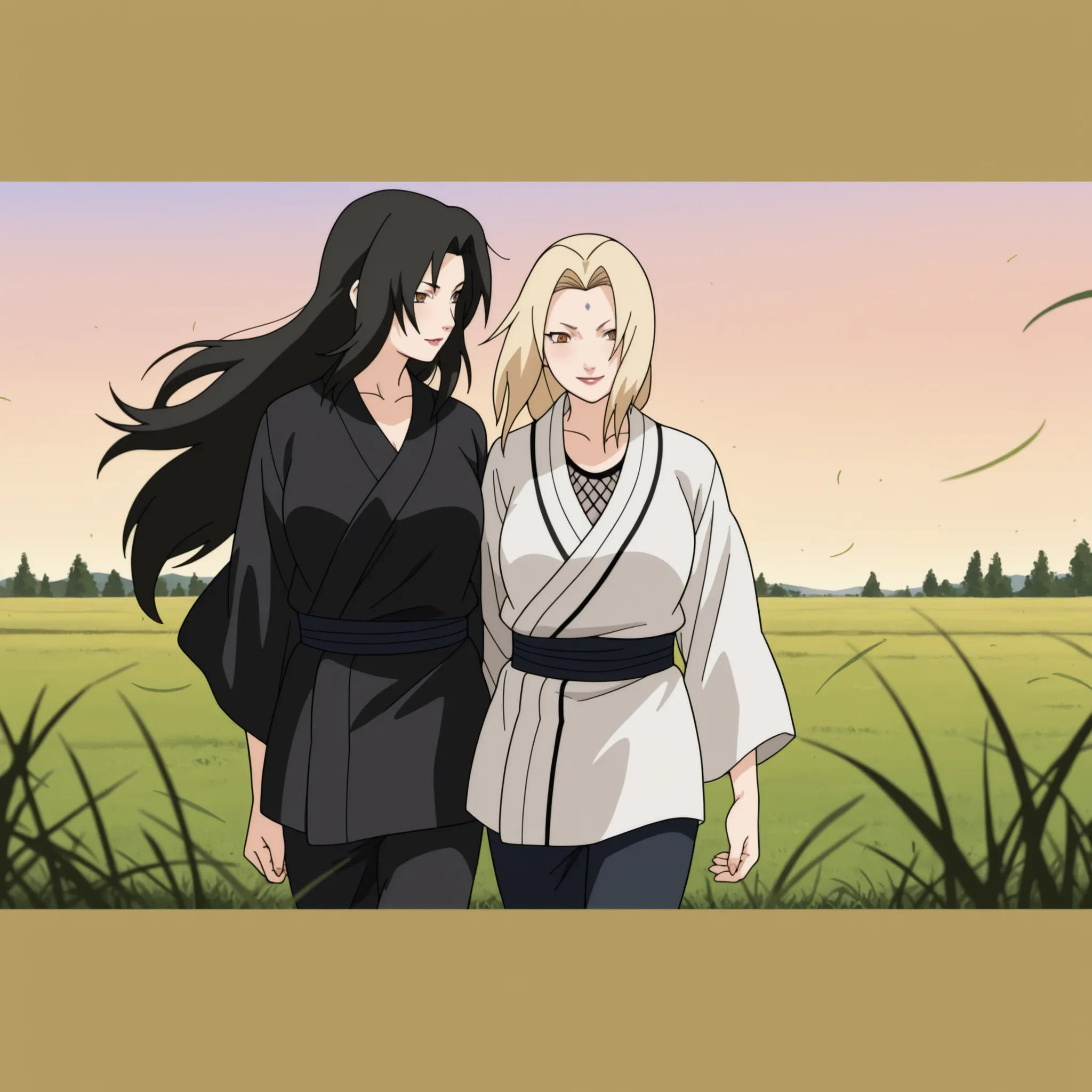 (masterpiece, best quality, anime style, ultra detailed, 8k, Kurenai Yuhi holding Tsunade Senju by the waist as they slowly walk through an open field of grass, Tsunade leaning slightly against Kurenai, mature women, Kurenai with long dark hair, Tsunade we...