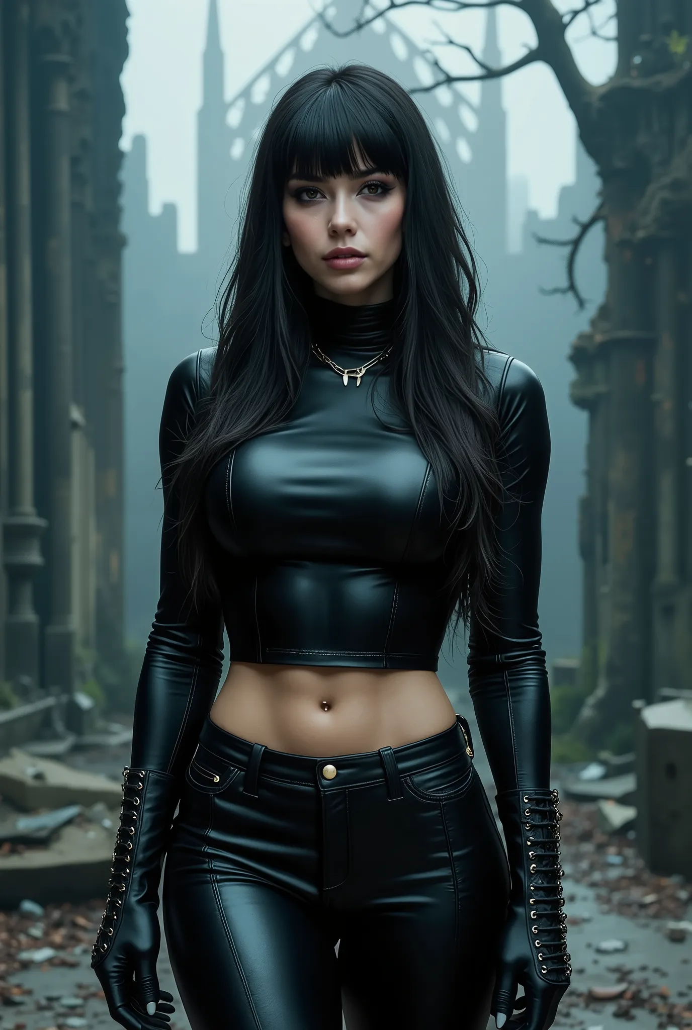 gothic rock woman Long black hair with bangs , thin waist , thick thighs , big breasts , six pack abs , toned legs , biceped , leather t-shirt , Black leather pants , high-heeled lace-up high heels black leather boots , Goth makeup , black eyeliner , woman...