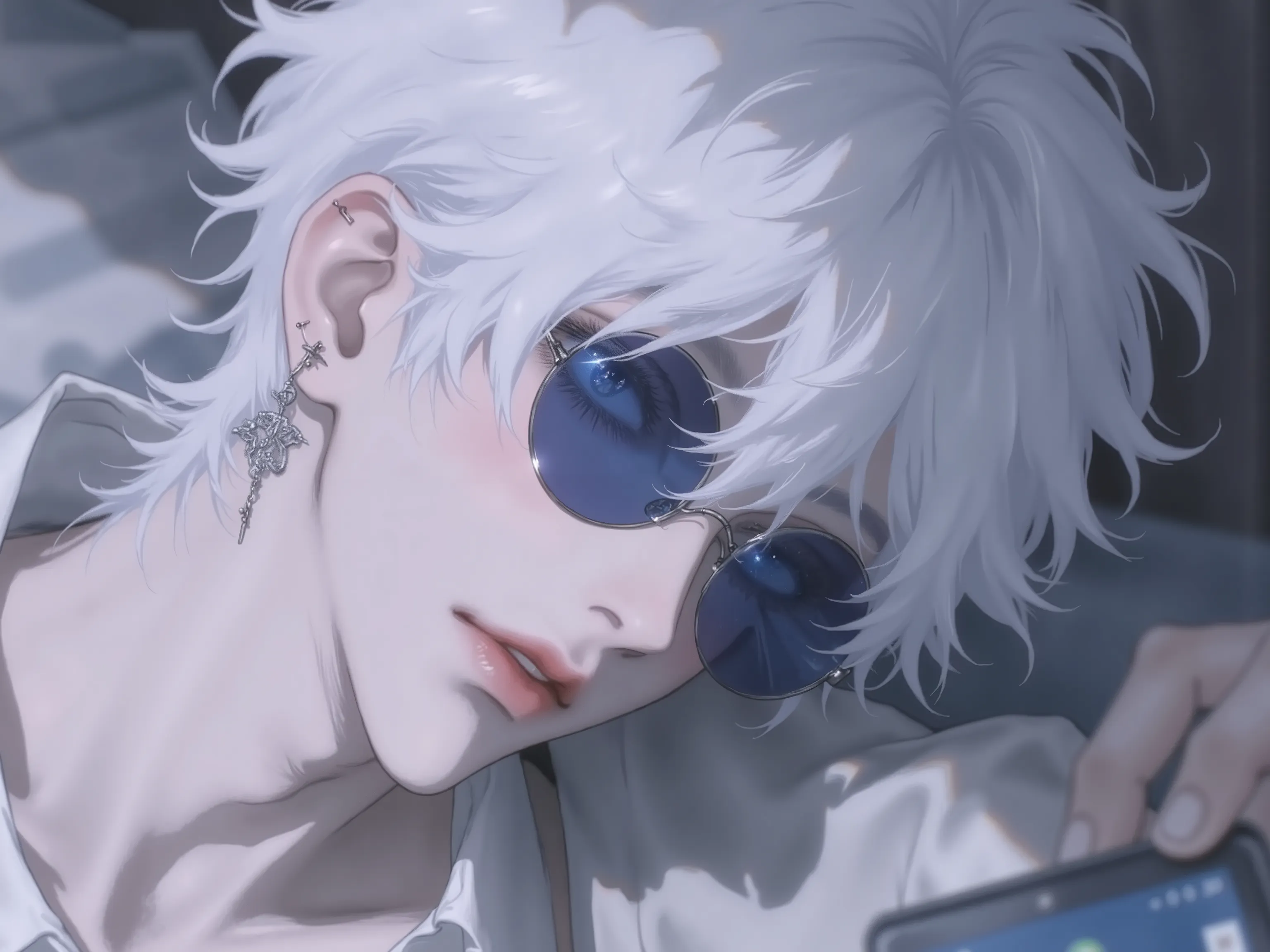 ((score _9_up,score_8_up,score_7_up)), GOJO SATURO, Portrait of Gojo Satoru from "Jujutsu Kaisen", upper body only, facing forward with a calm and confident expression. White hair, blue sunglasses, anime style, detailed lighting, soft shadows, Upper body o...