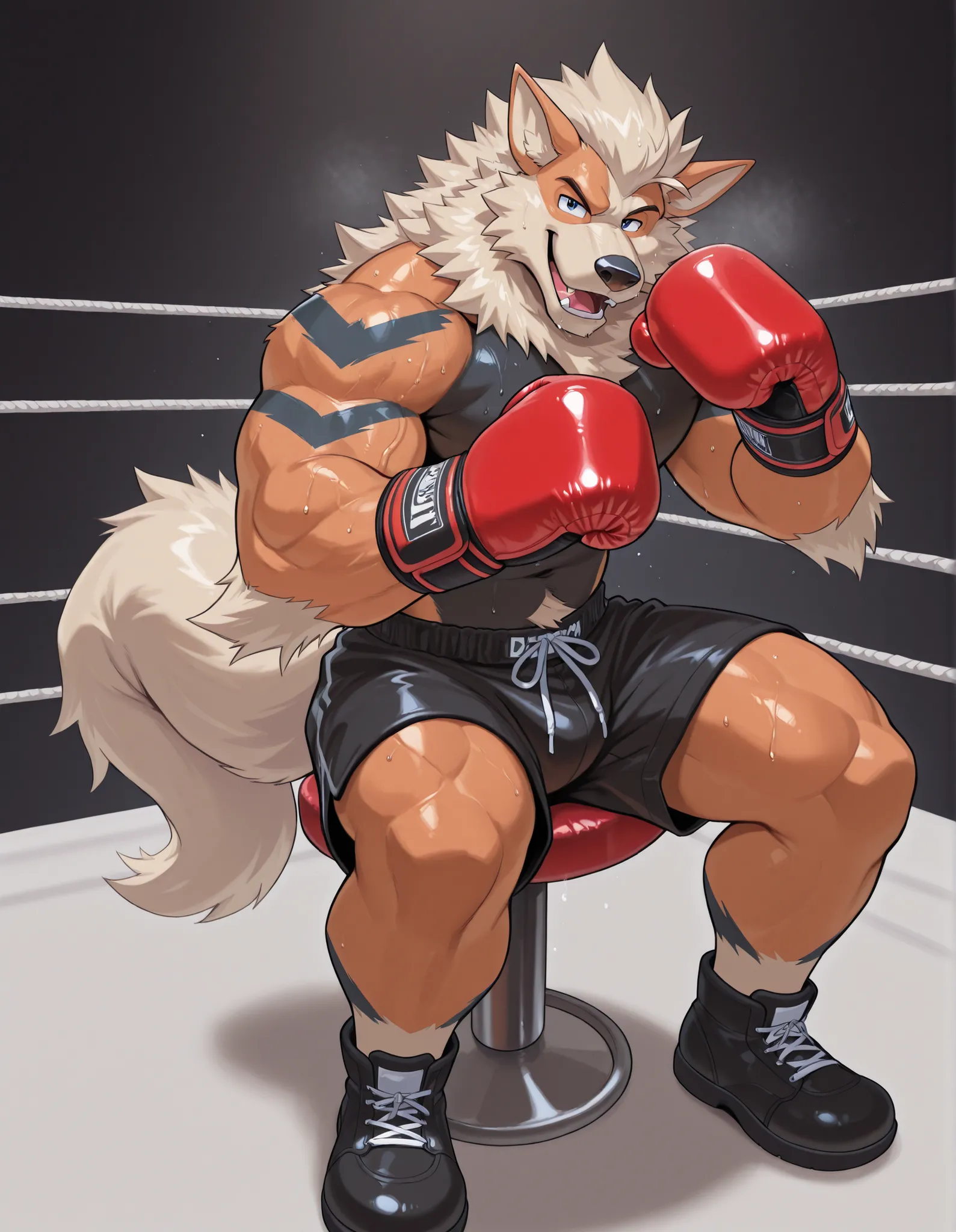 Arcanine, anthro male, high quality, full body, looking at viewer, solo, boxing ring background, red boxing gloves, thick very veiny arms, very muscular, black boxing shorts, black boxing shoes, heavyweight boxing champion, bushy eyebrows, glistening fur, ...