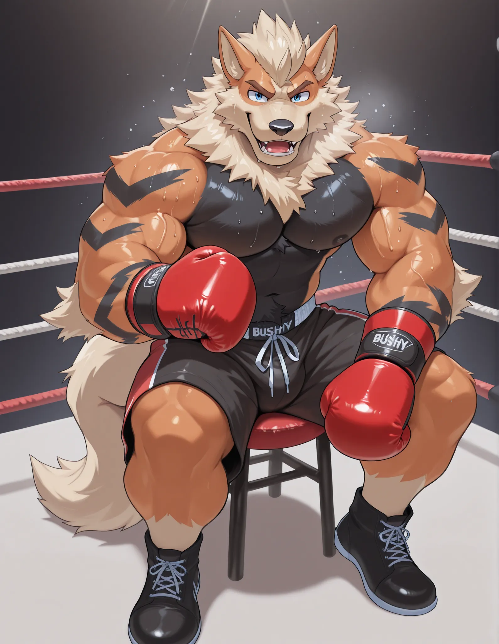Arcanine, anthro male, high quality, full body, looking at viewer, solo, boxing ring background, red boxing gloves, thick very veiny arms, very muscular, black boxing shorts, black boxing shoes, heavyweight boxing champion, bushy eyebrows, glistening fur, ...