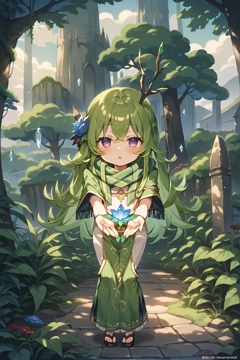 Japanese anime hand-drawn style depicts a tree, the chastity saint of the Elves standing in the jungle（There is only one person, the Virgin, in the picture），facing the camera，Cute little green hands（in the middle of the action，five fingers），green hands spr...