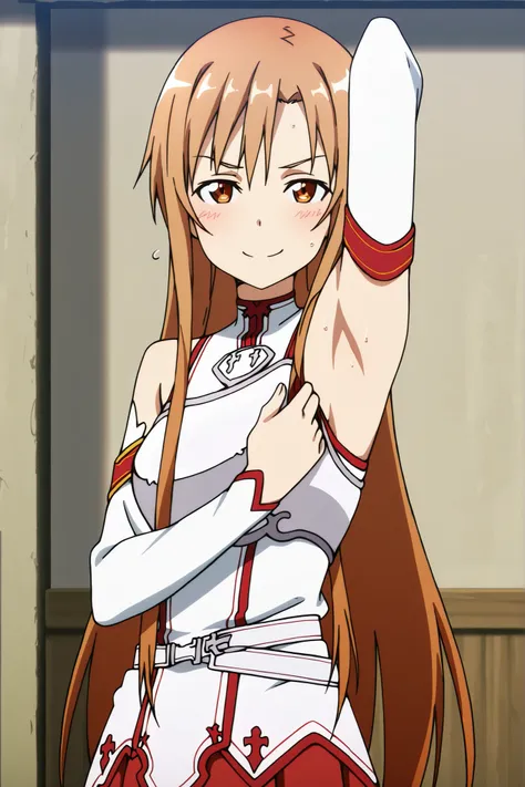 masterpiece, best quality, amazing quality, anime screencap, anime coloring, 1girl, solo, Yuuki Asuna, Yuuki Asuna SAO costume, White Armor, White breastplate, White isolated sleeve, (character), long hair, detached sleeves, bare shoulders, bare arms, arm ...